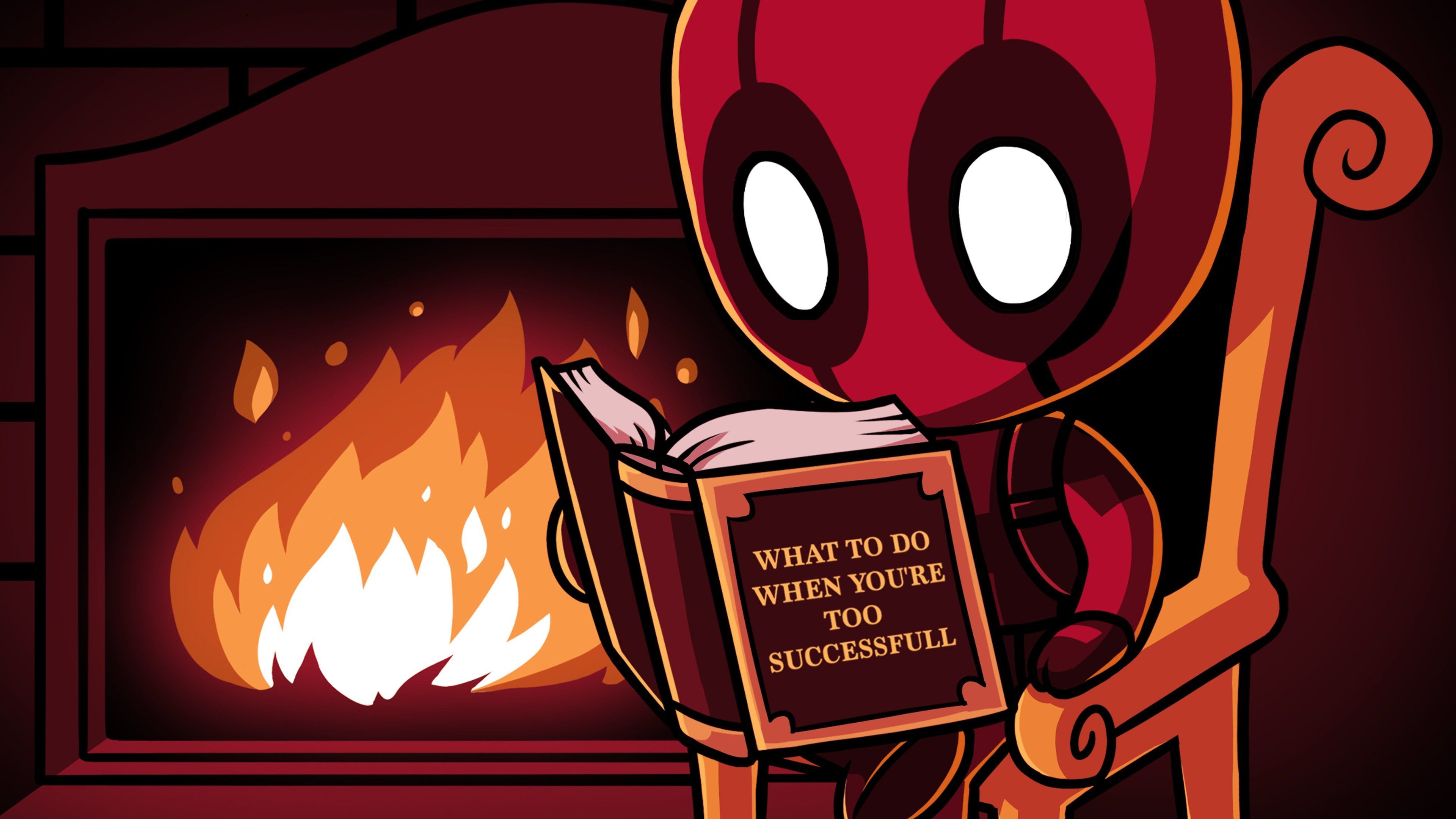 A cartoon depiction of Deadpool sitting in a chair by the fire, reading a book titled 'What to Do When You're Too Successful'