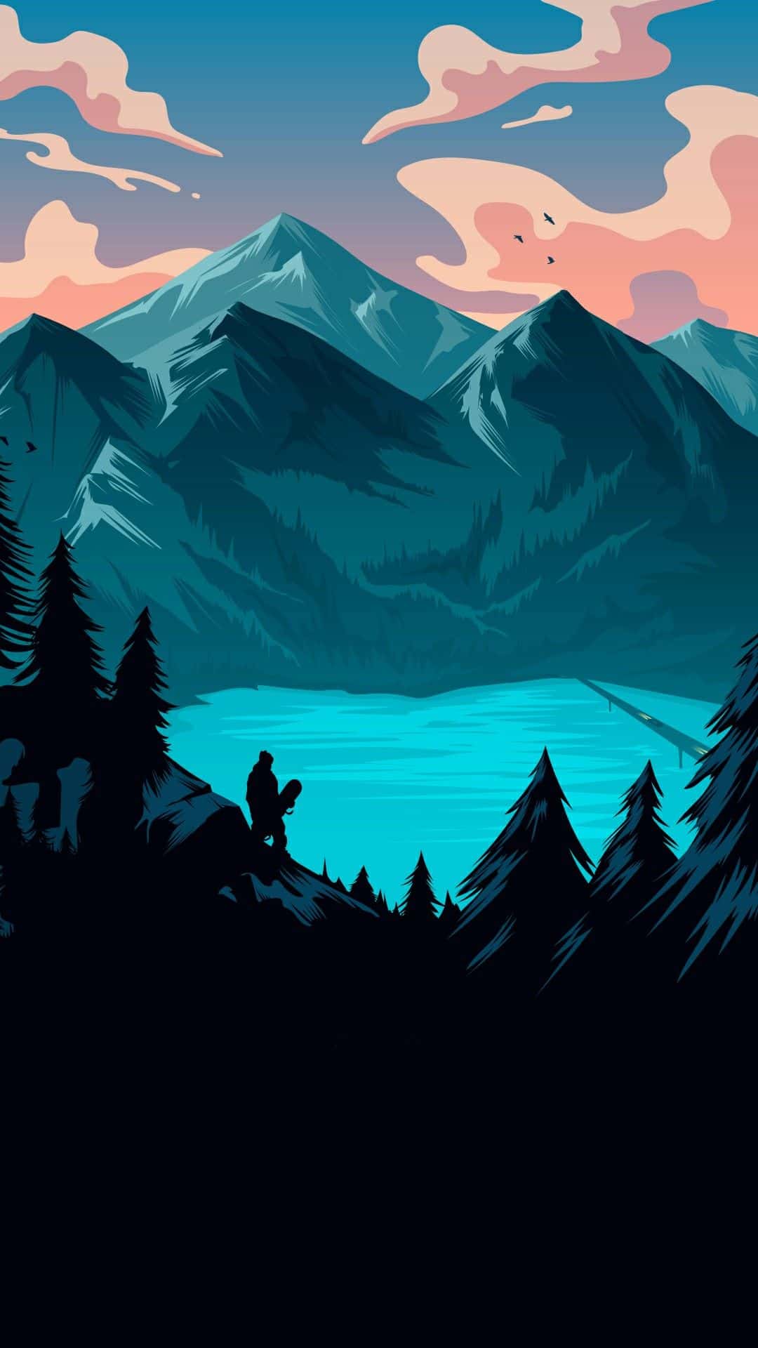 Minimalist wallpaper featuring a serene mountain lake at sunset, with a lone snowboarder silhouetted against the vibrant sky