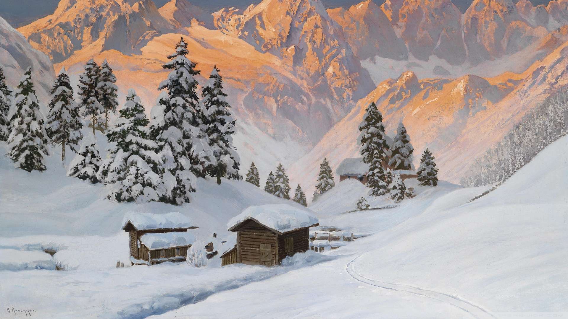 Mountain Winter Painting Wallpaper 1080p HD HDwallwide