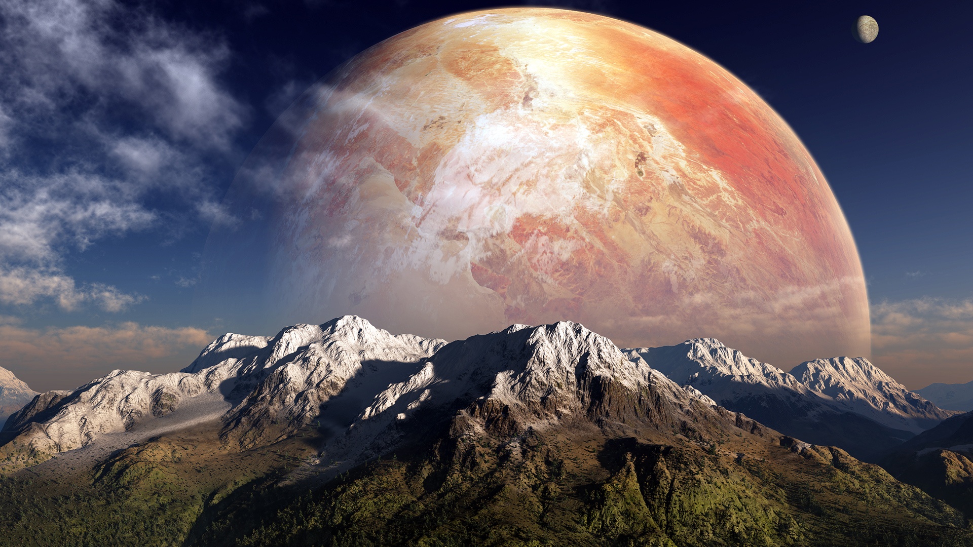 A majestic, snow-capped mountain range stretches beneath a massive, swirling planet in a breathtaking alien landscape. A smaller, moon-like object is visible in the distance