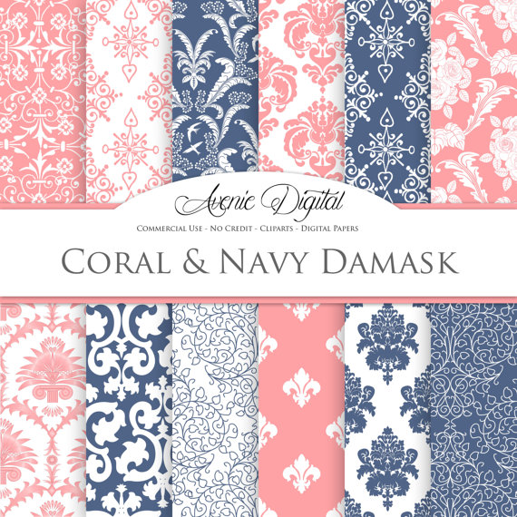 Coral and Navy Damask Digital Paper Scrapbooking Backgrounds Coral