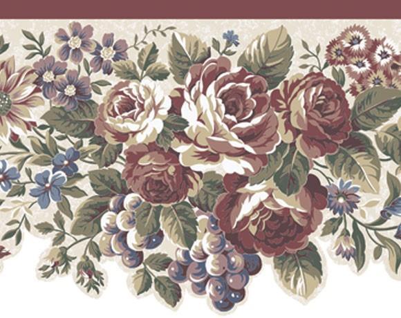 Wallpaper Border Traditional Die Cut Red Rose Floral Grapes Off White