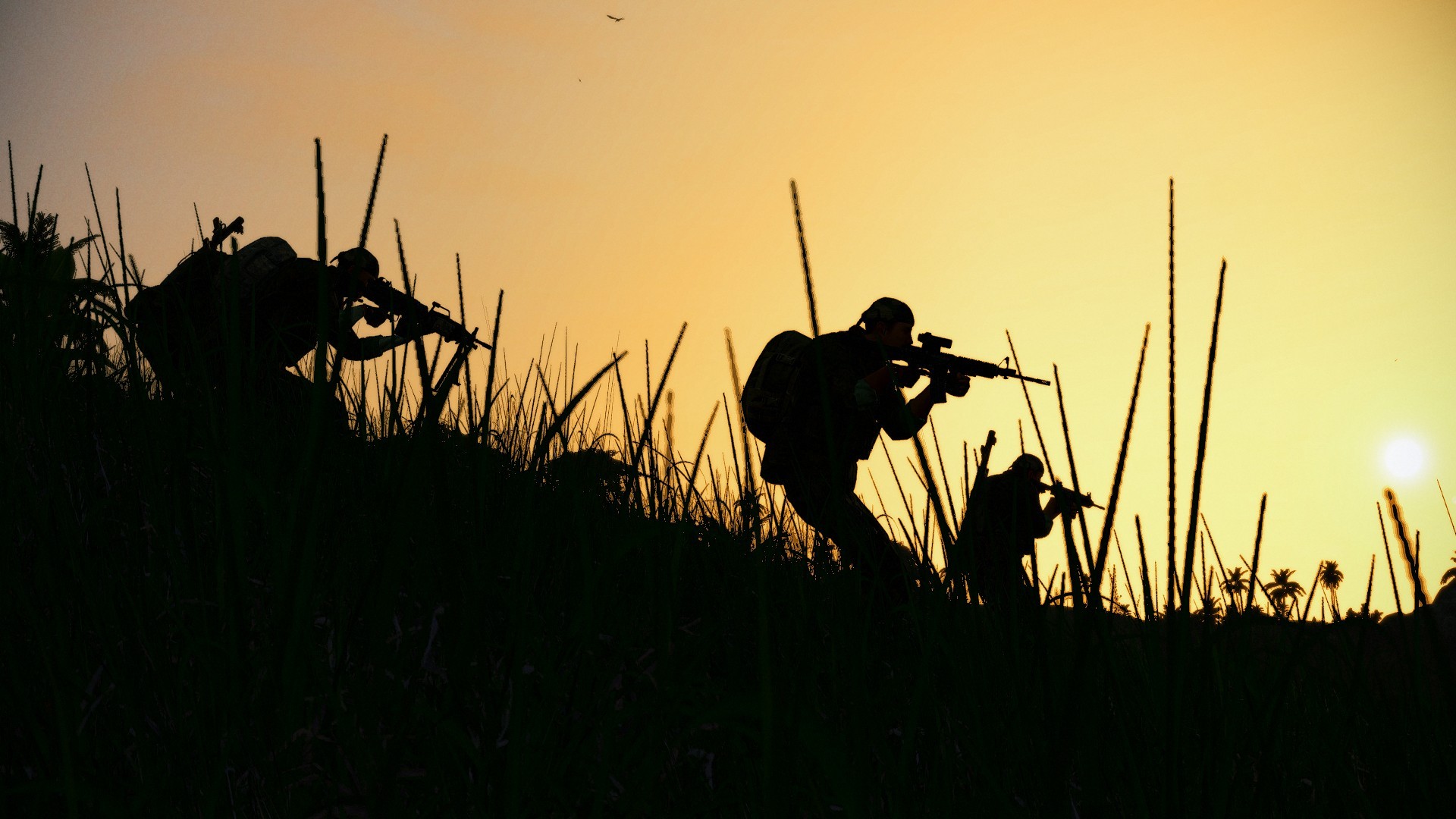 Silhouettes of soldiers patrolling through tall grass at sunset, evoking a sense of duty, conflict, and the sacrifices of military life