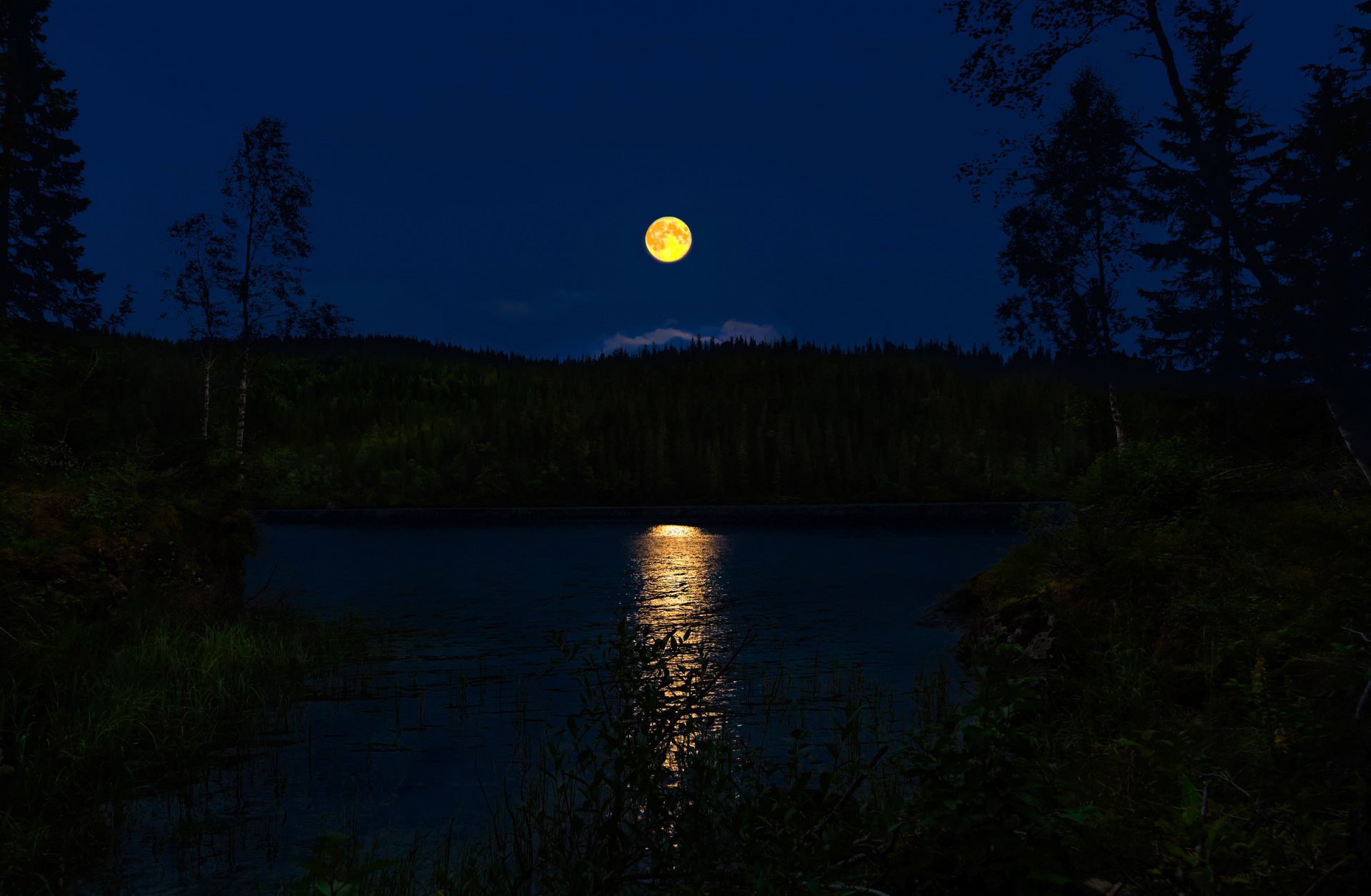Wallpaper night norway full moon lunar path river forest