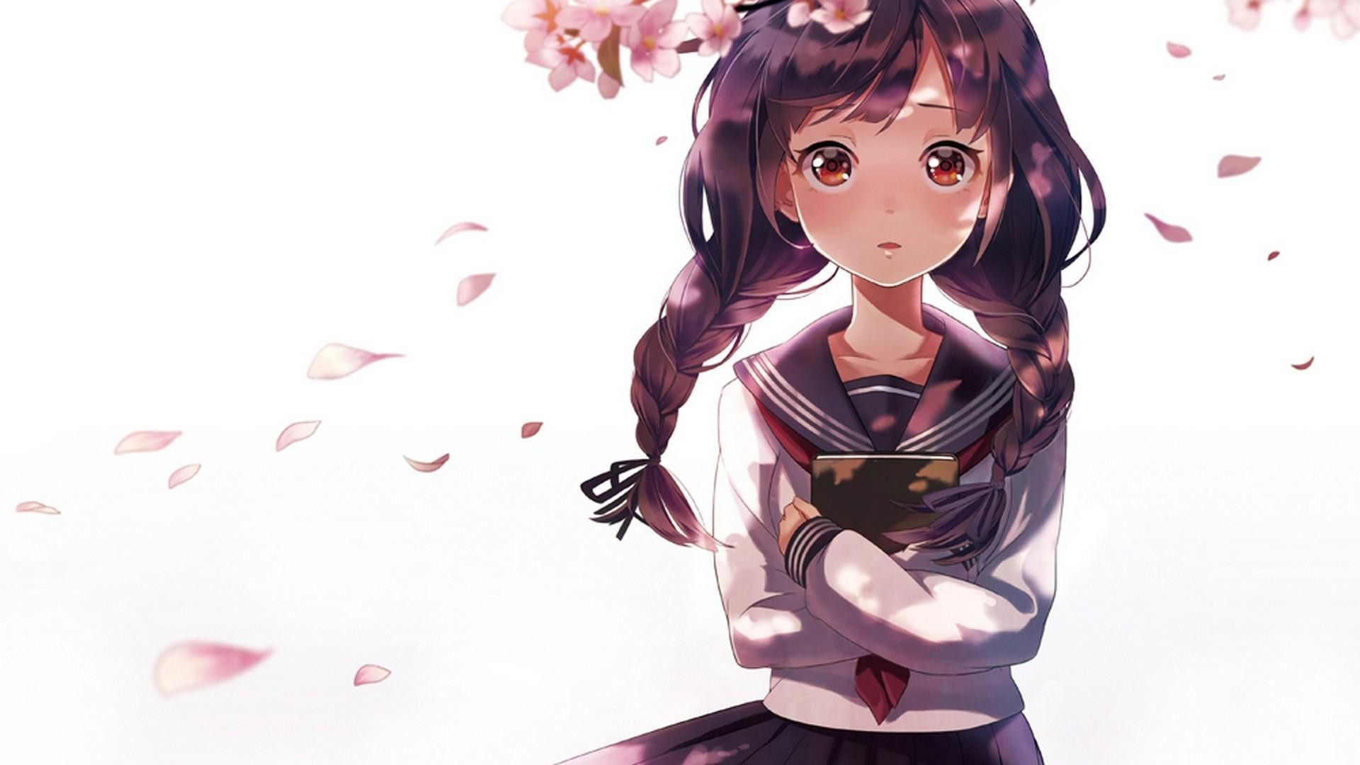 Cute anime girl in school uniform with braided hair, holding a book, with cherry blossoms and petals falling around her