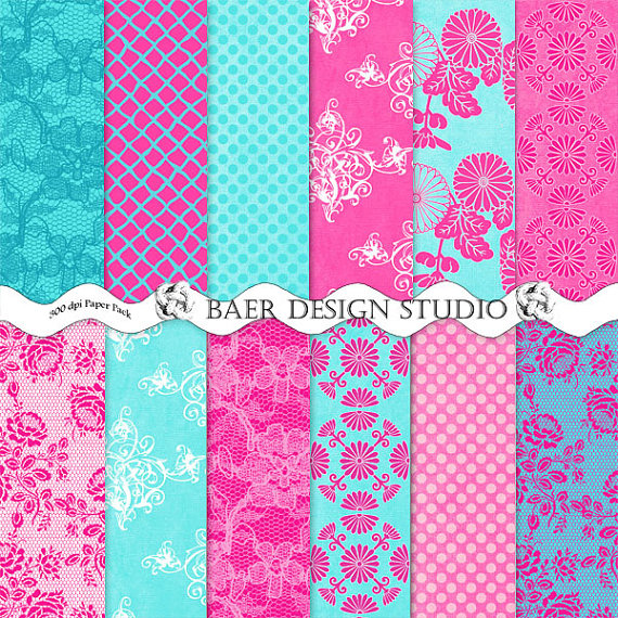 Teal And Hot Pink Lace Digital Paper Turquoise