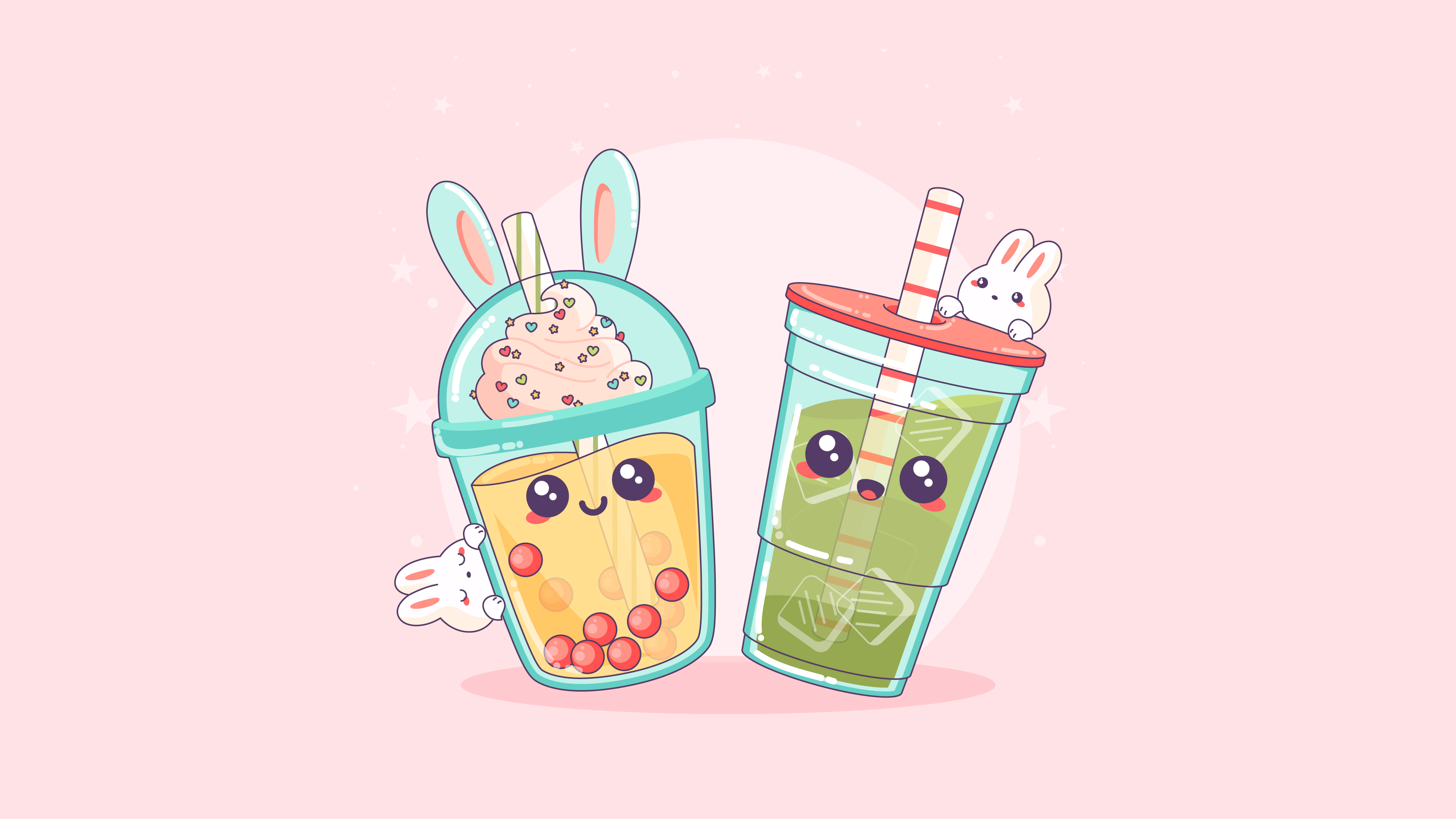 Two kawaii-style boba tea cups with cute bunny illustrations on a pastel pink background, perfect for a preppy boba wallpaper