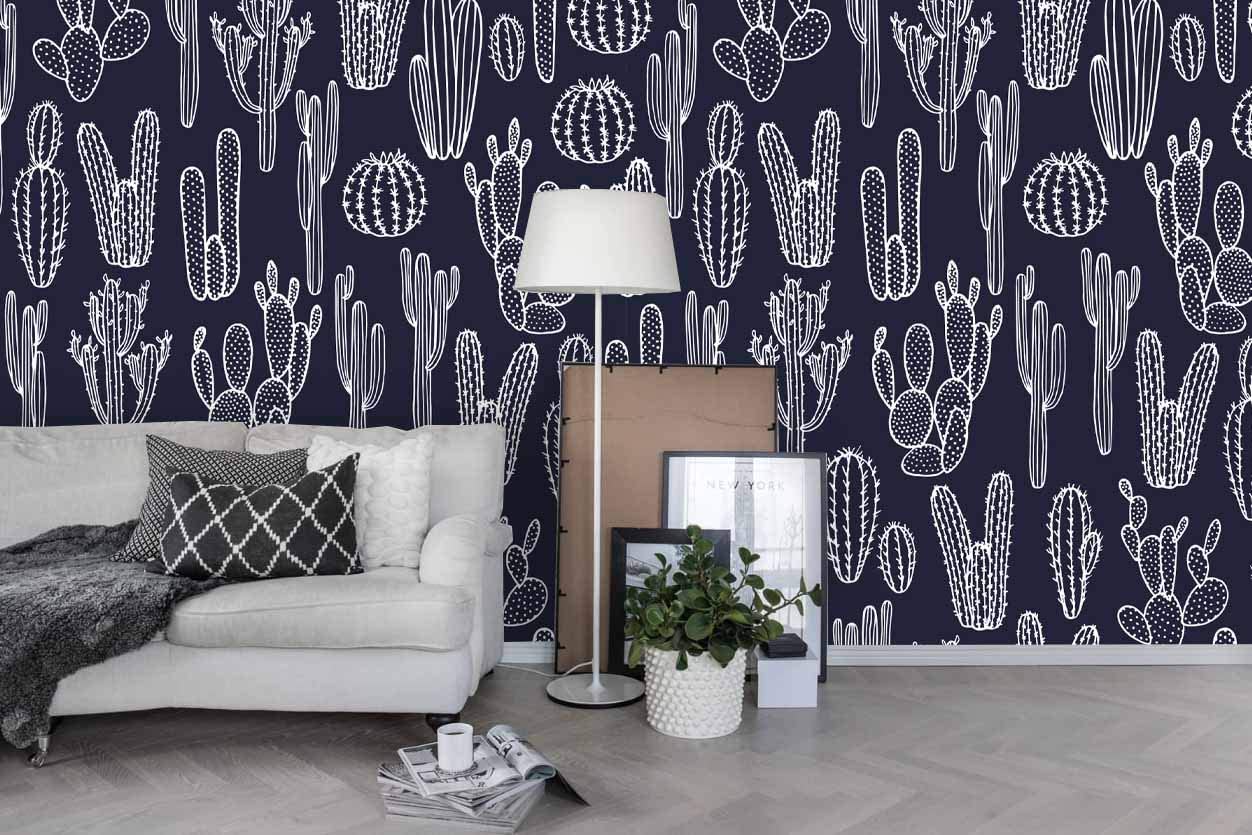 3d White Chalk Drawing Cactus Wallpaper Wall Mural Self Adhesive