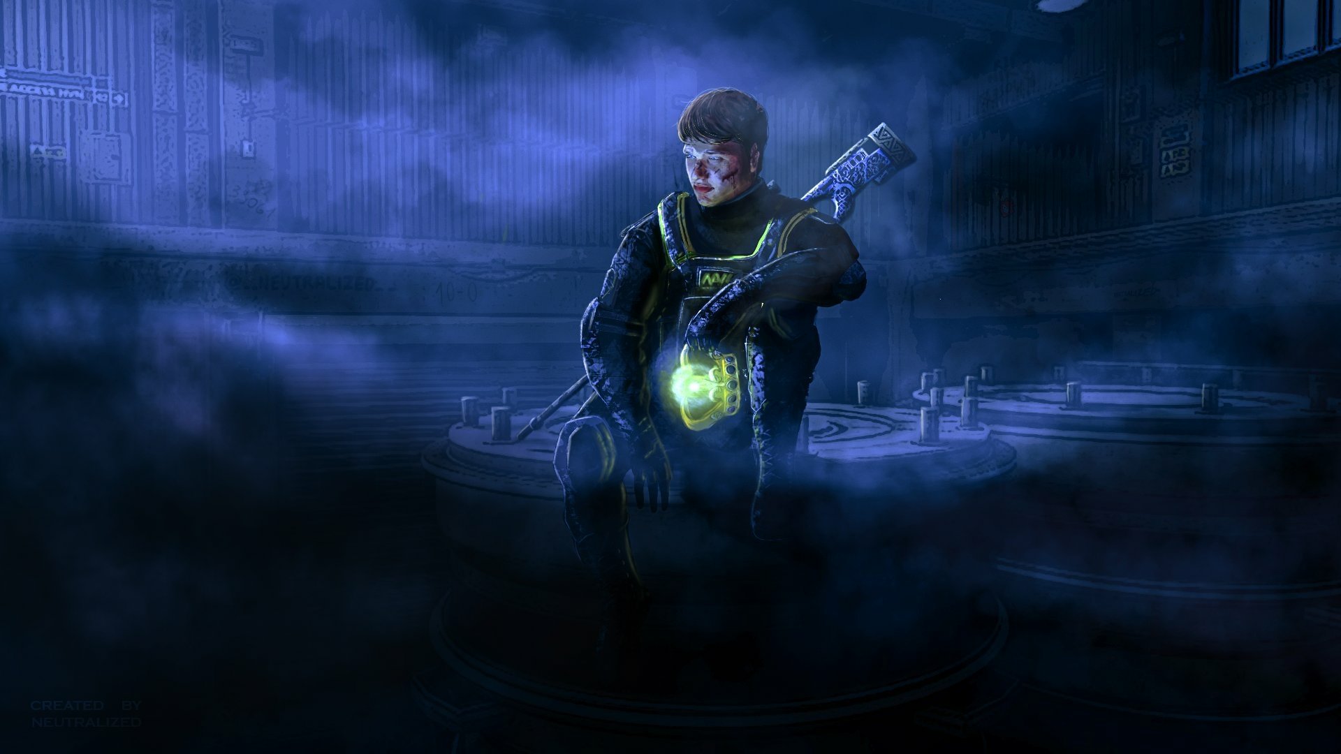 A person in a dark, smoky environment, possibly a game or movie scene, holding a glowing object. They appear to be wearing protective gear and have an axe-like weapon on their back