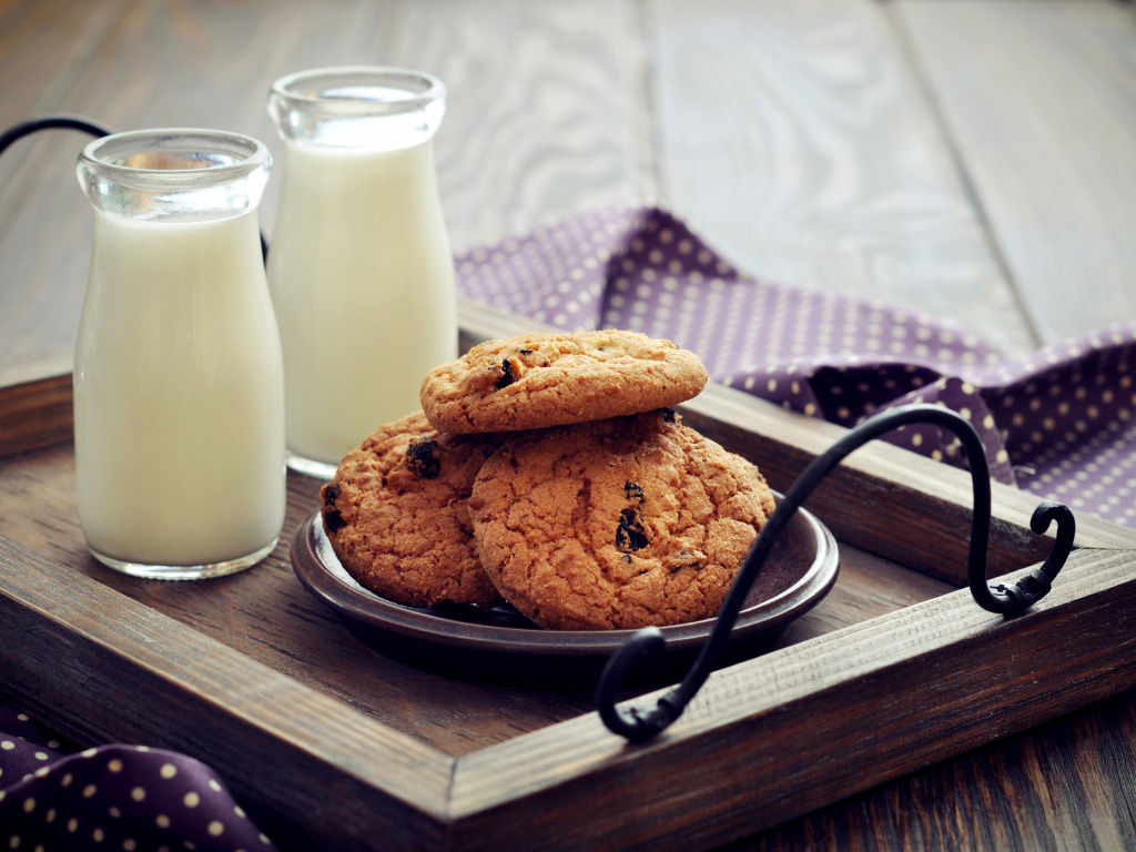 Cookies and Two Bottles of Milk on a Tray wallpaper HD Desktop