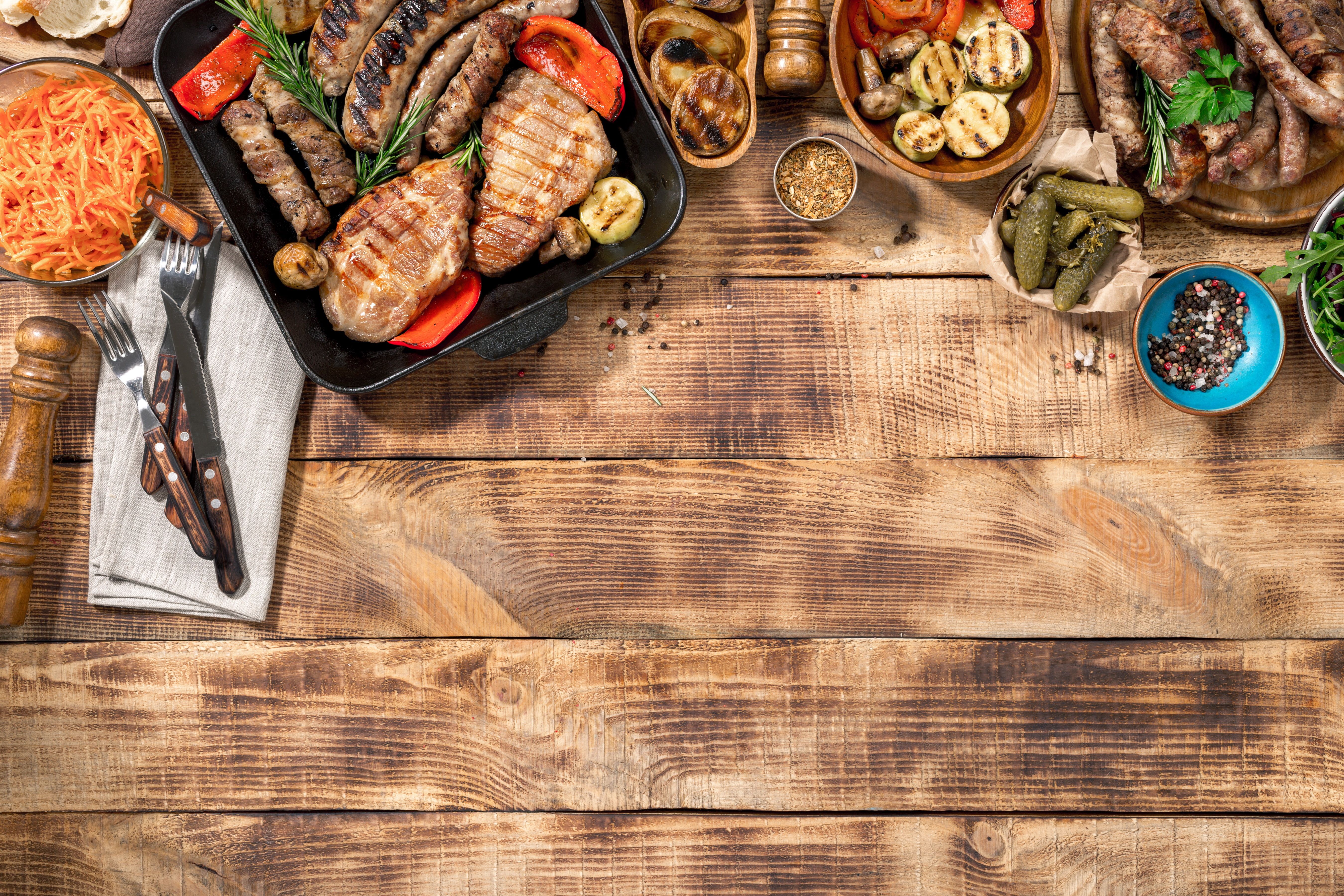Bread Meat Bbq Vegetables Sauce Wood Grill Grilled