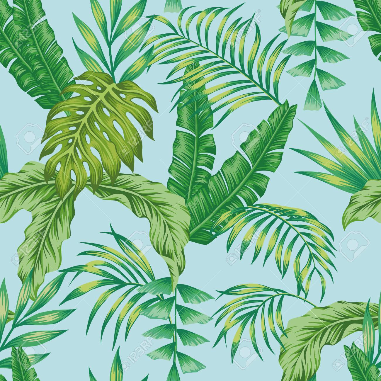 Exotic Botanic Vector Green Jungle Seamless Pattern On The Blue
