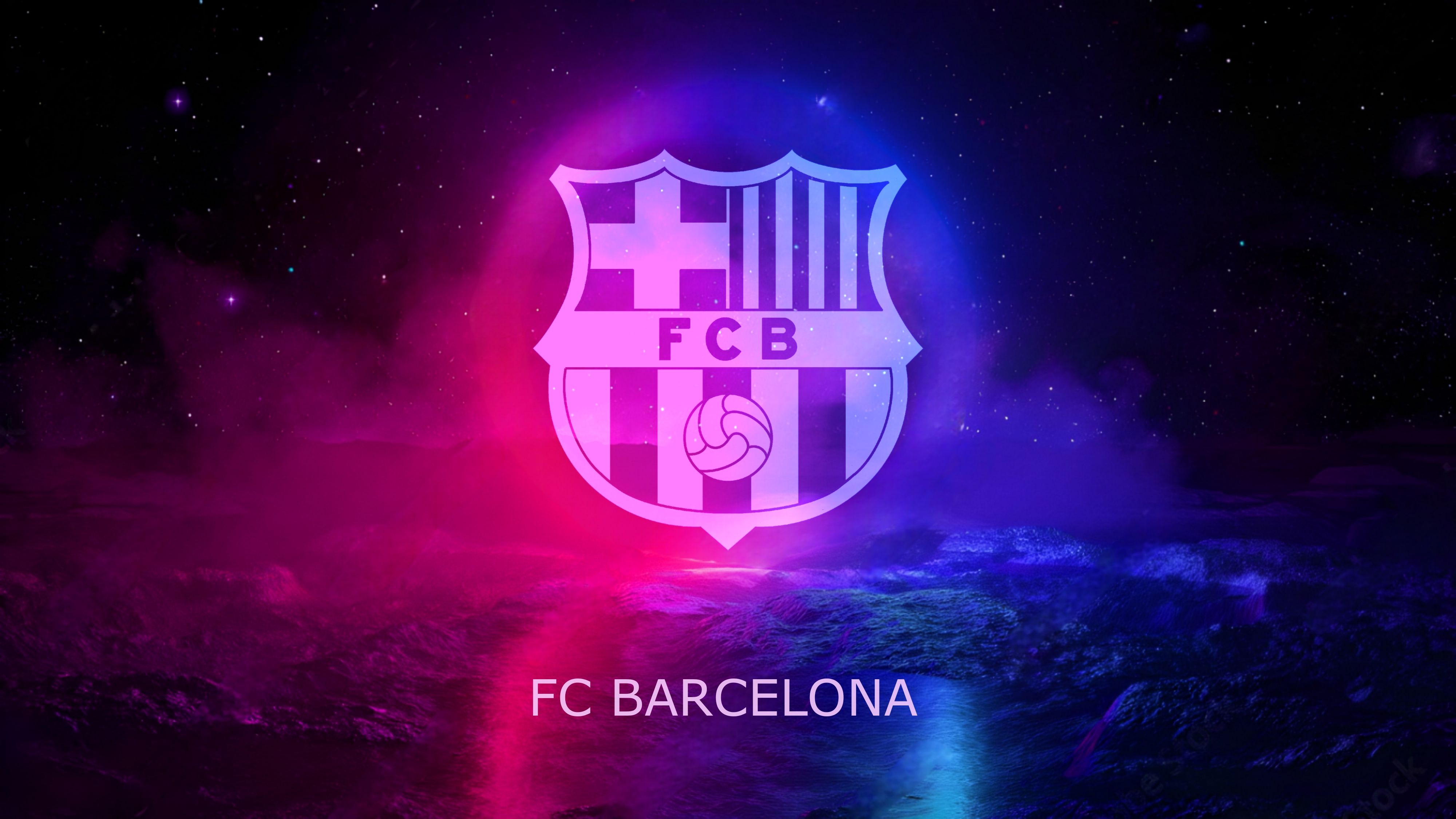 A vibrant 4K wallpaper featuring the FC Barcelona logo against a backdrop of a stylized cosmic landscape