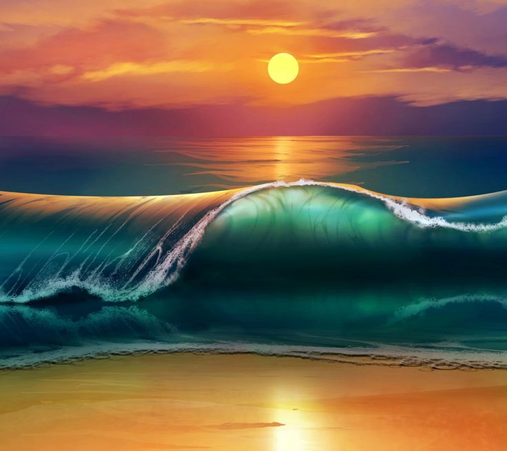 water ocean sunset painting Sunset Over Ocean Waves 736x654
