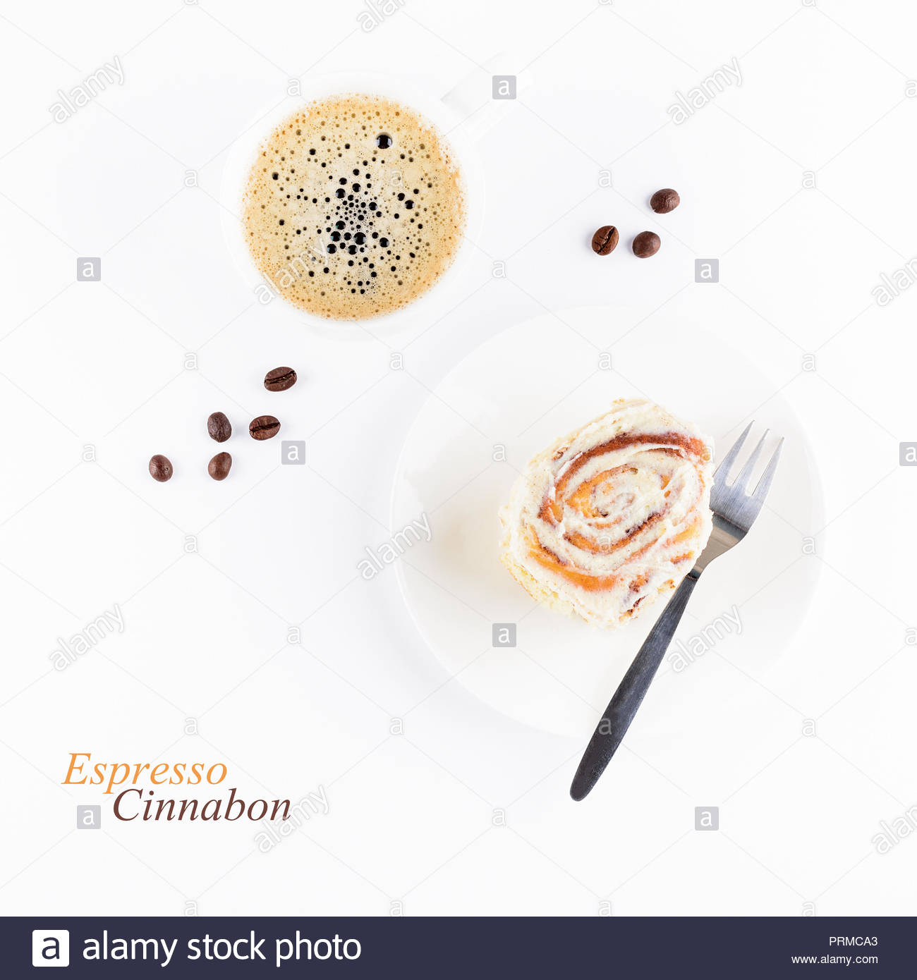 Cup Of Espresso And Fresh Cinnabon Roll With Glaze On White
