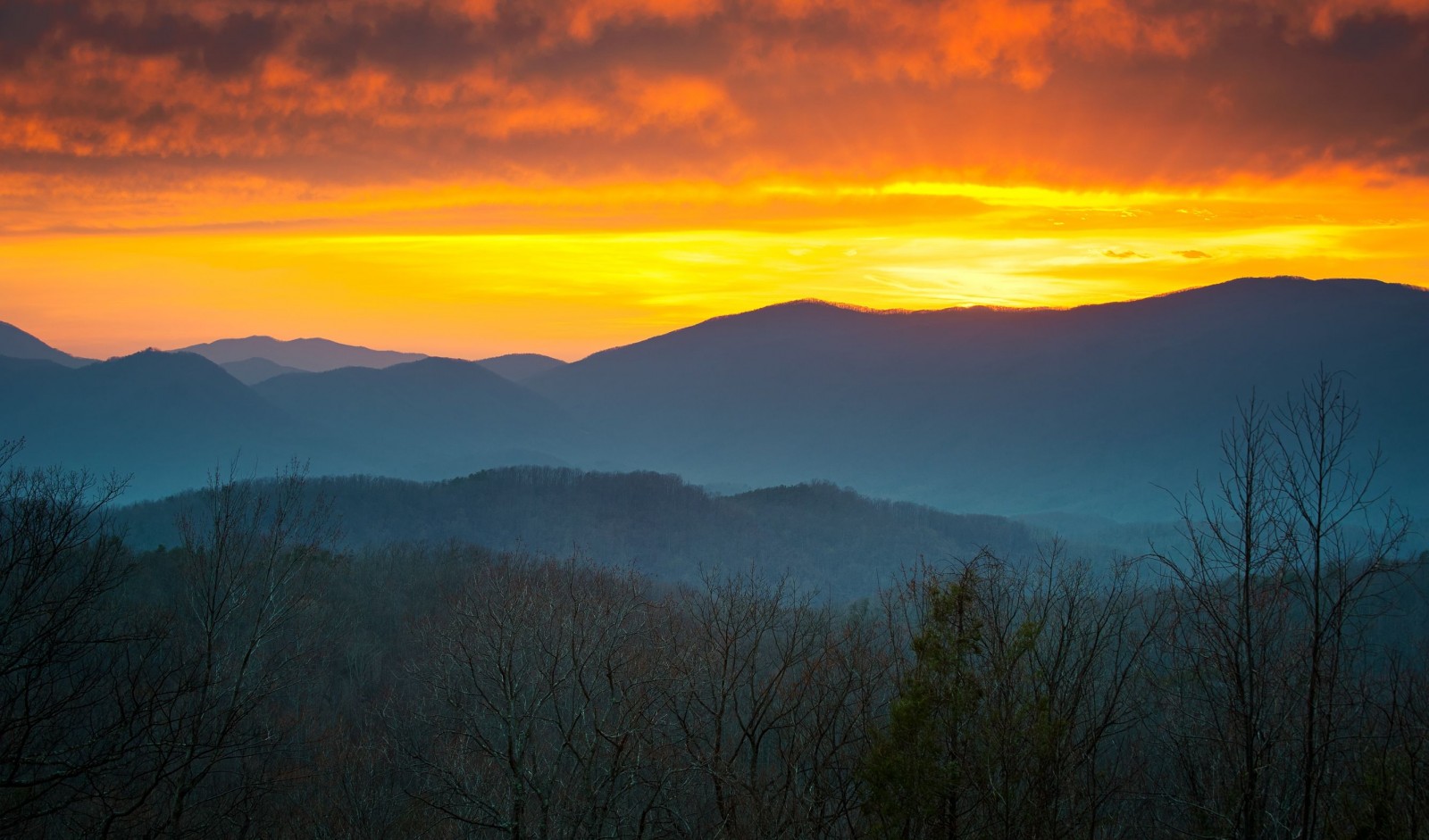 Great Smoky Mountains National Park Sunset Over Gatlinburg Tn With