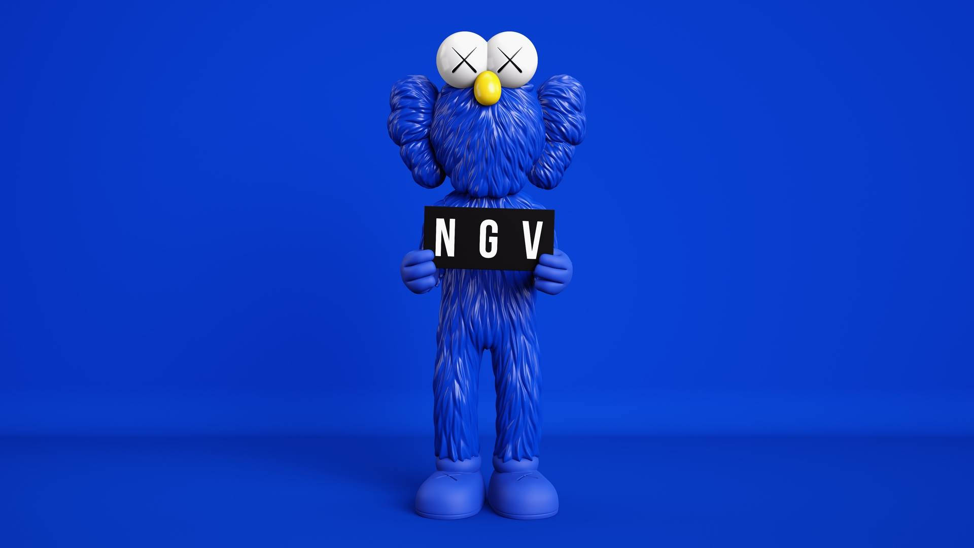 A vibrant blue Kaws Companion figure holding a sign with 