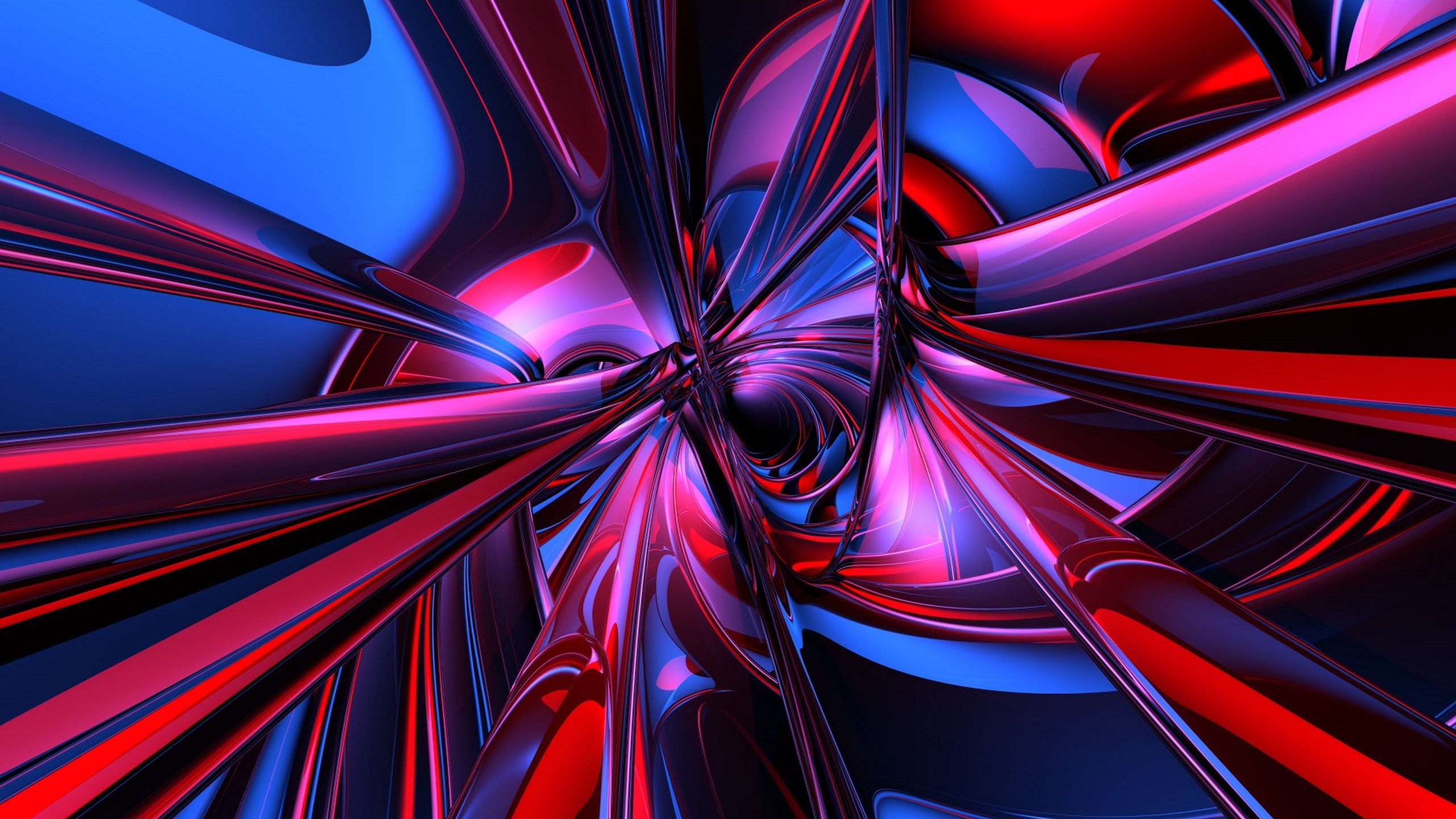 Abstract 3D wallpaper with swirling red and blue metallic shapes, creating a dynamic and futuristic design for desktop backgrounds