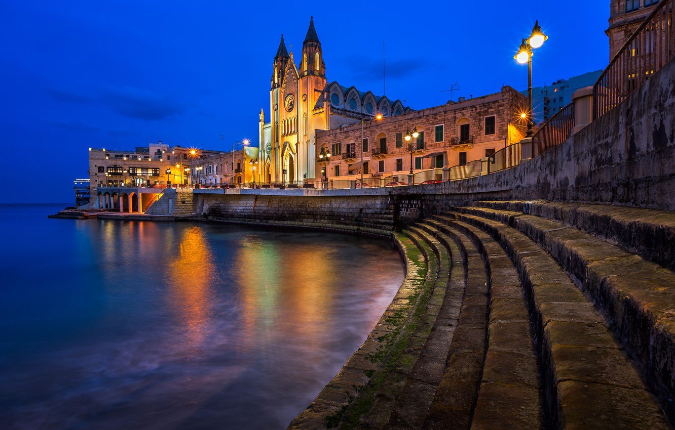 Wallpaper Water Lights Cathedral Promenade Malta Valletta