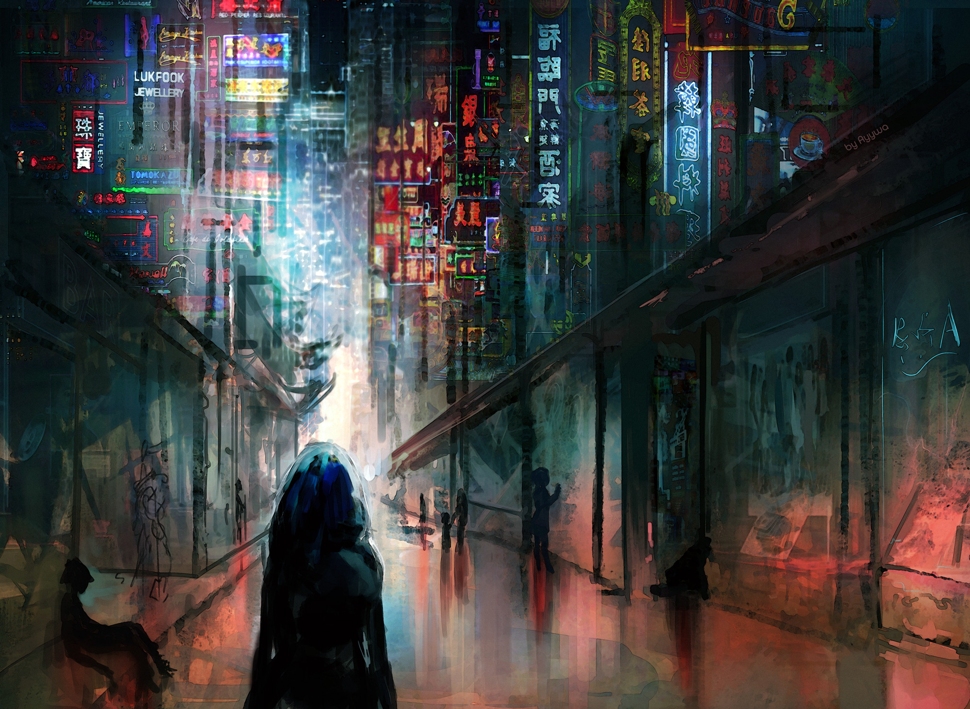 A cyberpunk city street scene with vibrant neon signs, shadowy figures, and a lone figure with blue hair in the foreground