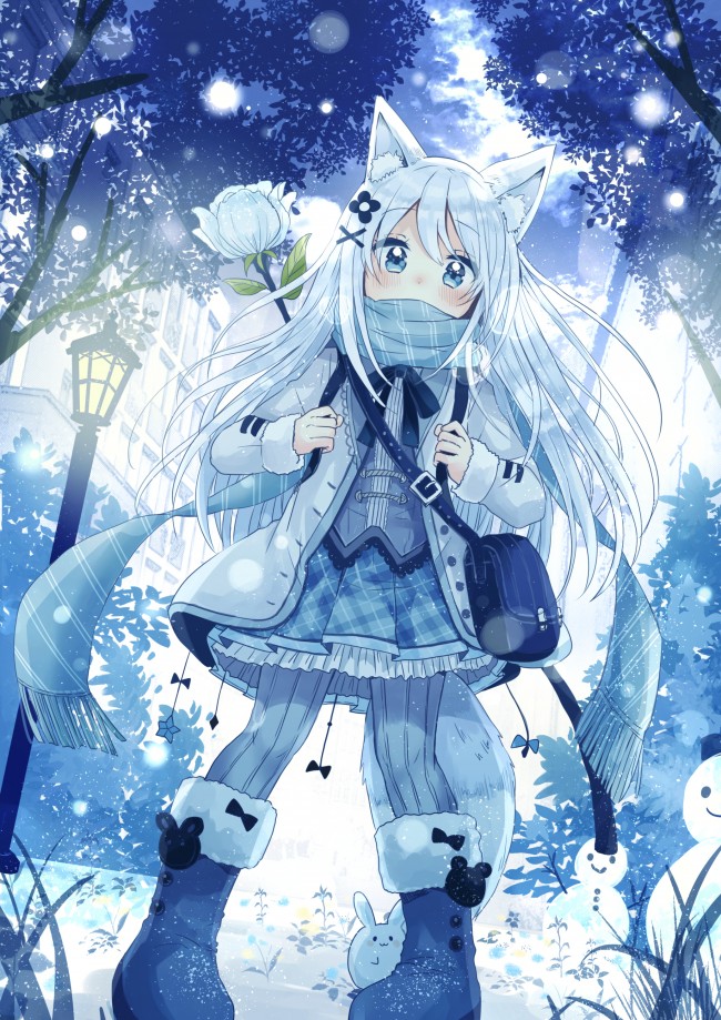 Wallpaper Anime Girl White Hair Animal Ears Winter Snow Tail