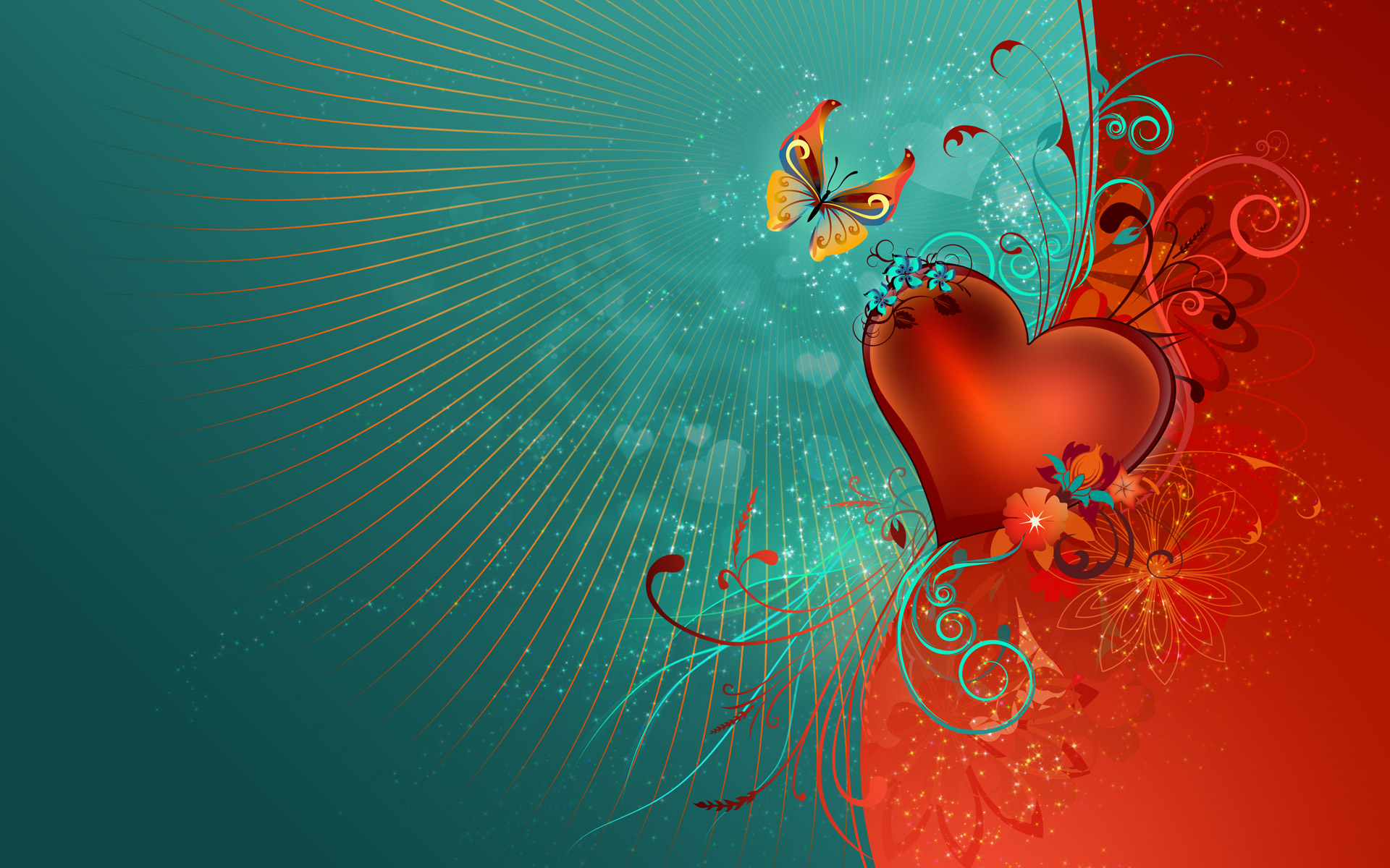 A vibrant Valentine's Day wallpaper featuring a red heart, a butterfly, and floral designs on a teal and red background