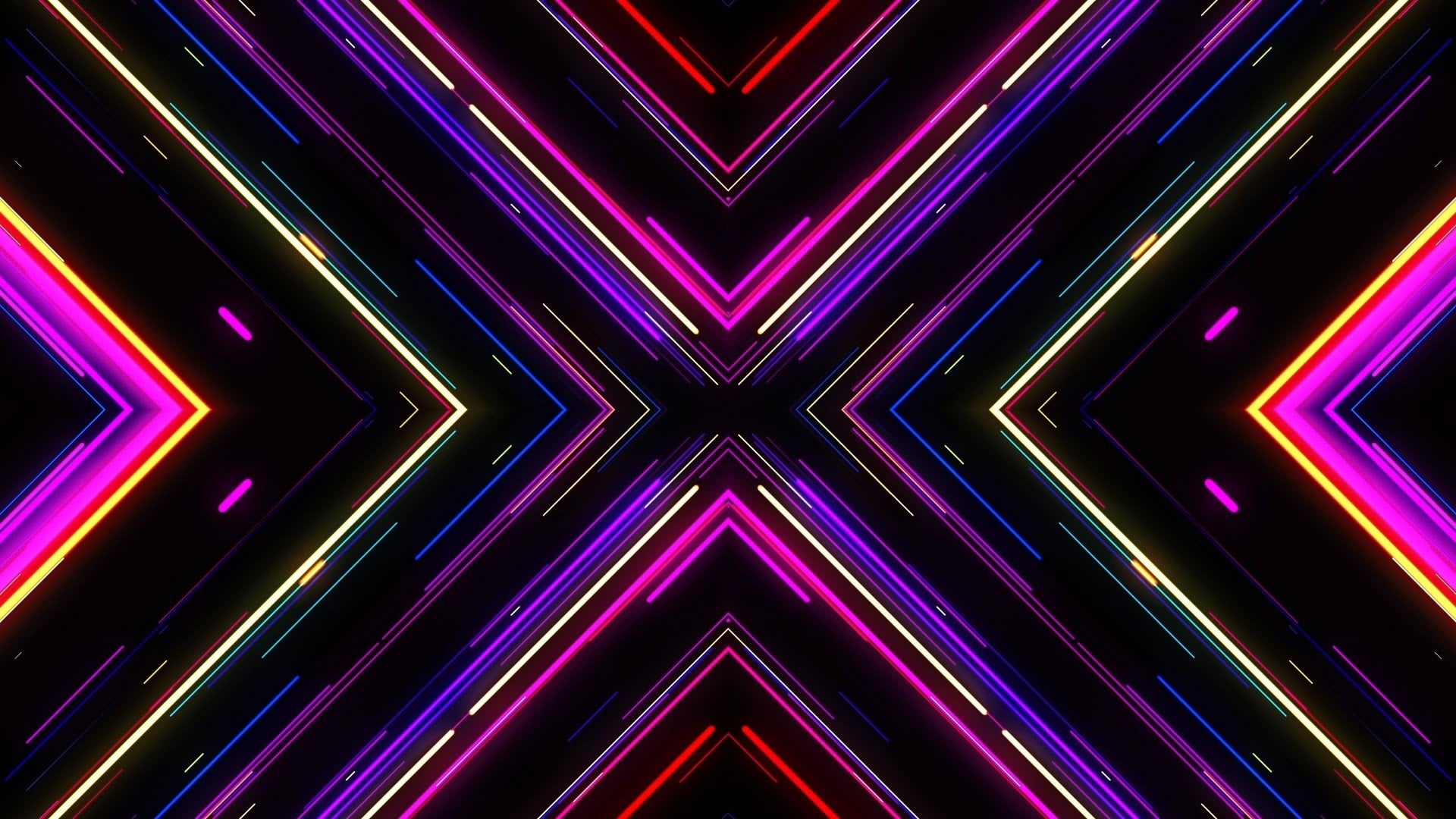 Vivid neon lights form a symmetrical geometric pattern, ideal for a vibrant and energetic wallpaper