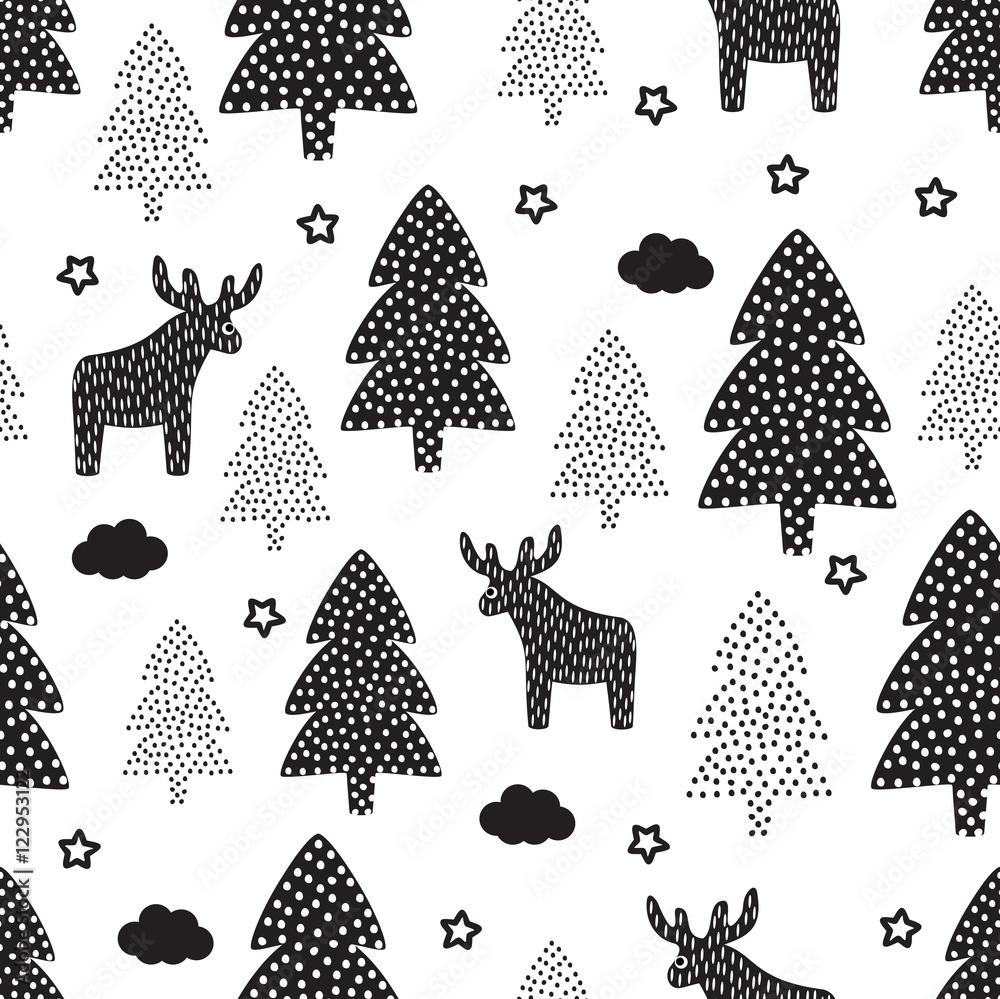 Christmas pattern Xmas trees deers stars Happy New Year