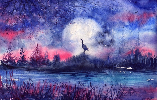 Wallpaper painted landscape bird silhouette moon river grass