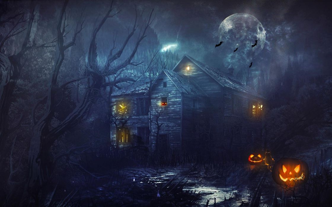 Halloween Dark House Moon Tree Forest Wallpaper