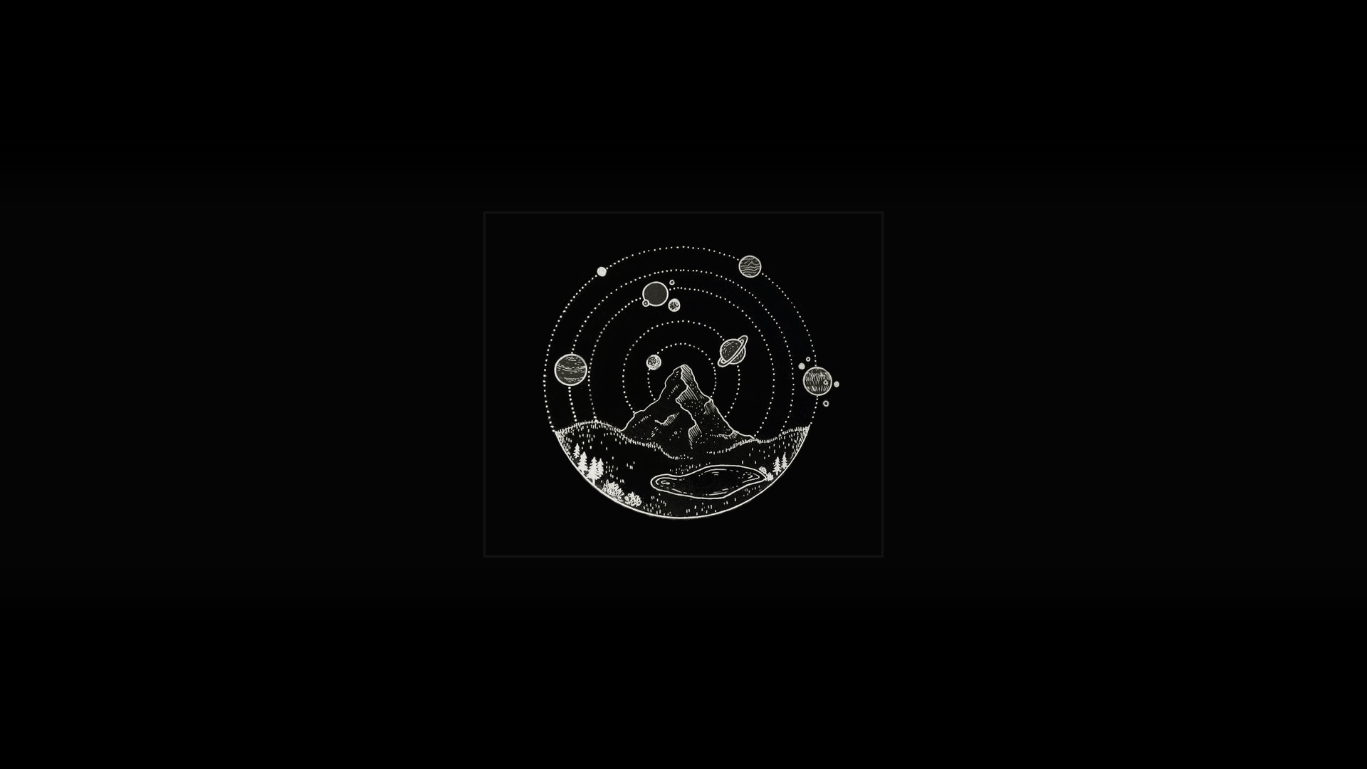 Minimalist black and white illustration of a mountain landscape encircled by planets, evoking a cosmic, aesthetic vibe