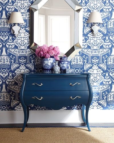 Powder Room with Clarence House Chinoiserie Tibet Dragon Wallpaper   Contemporary  Bathroom