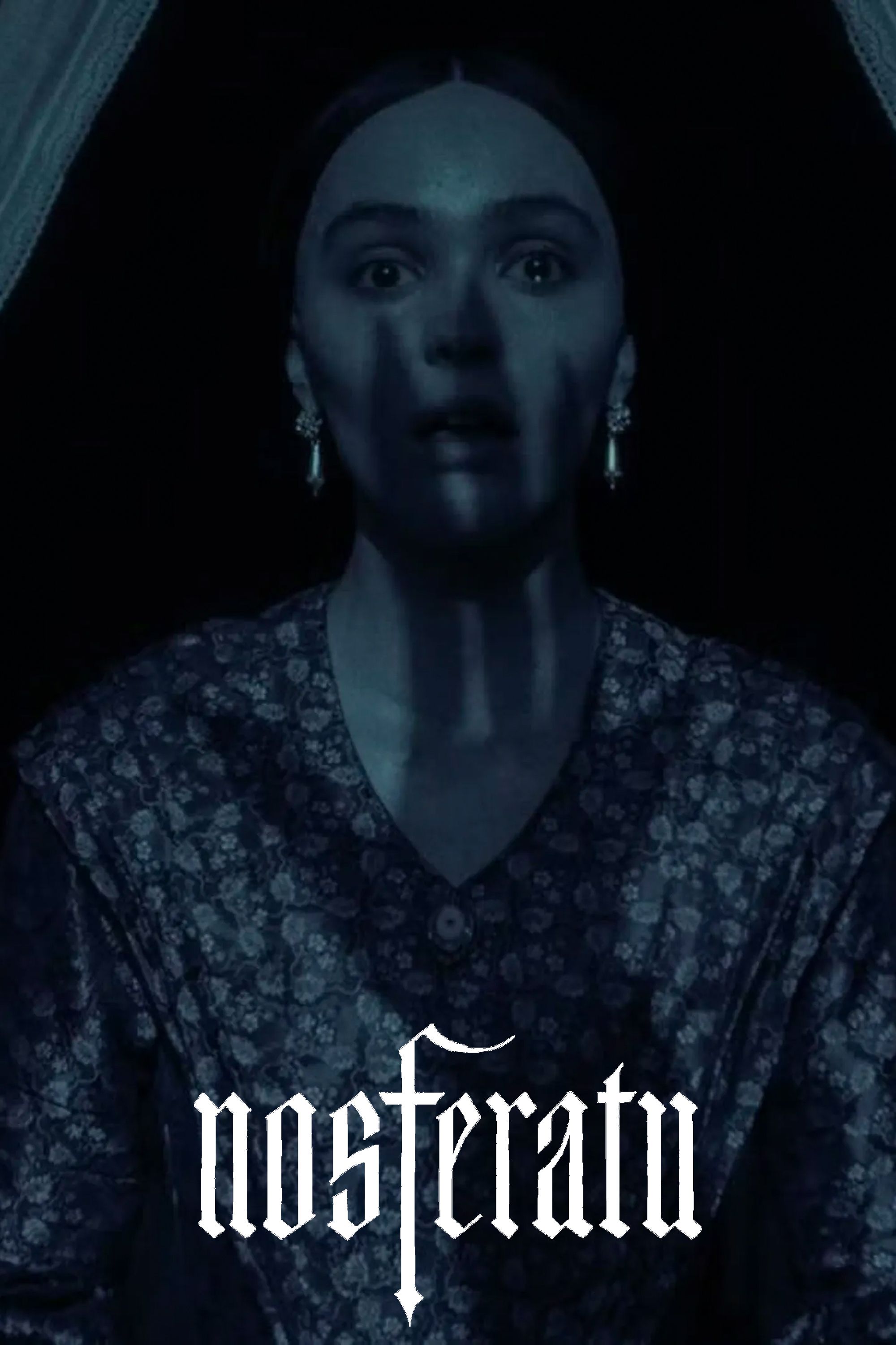 A chilling close-up of a woman in Nosferatu (2024), her face partially obscured by a shadowy hand, evoking fear and suspense