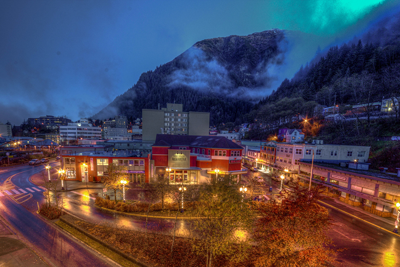 Wallpaper Alaska Usa Juneau Mountain Night Street Lights Cities