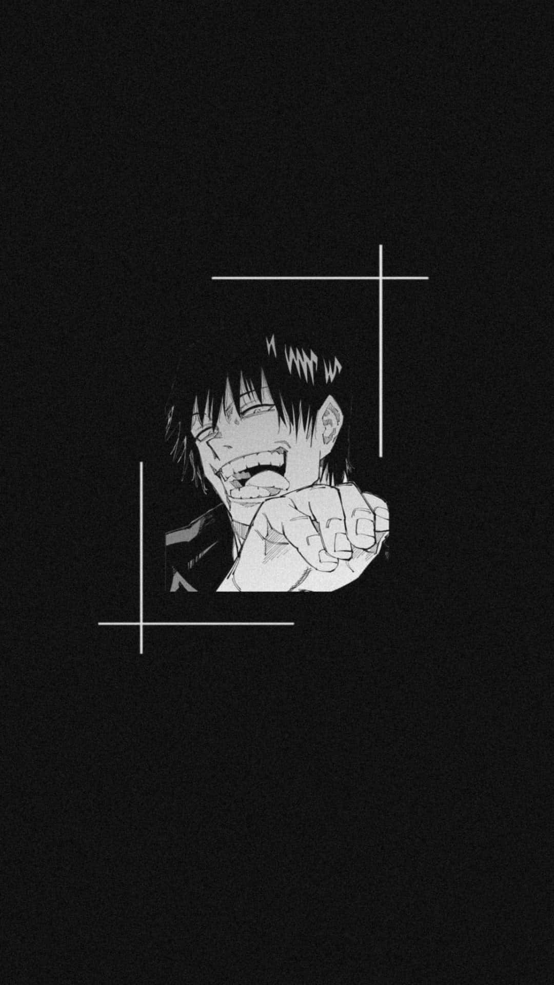 A dark, stylized image of Toji Fushiguro from Jujutsu Kaisen, grinning mischievously. His hand is outstretched towards the viewer
