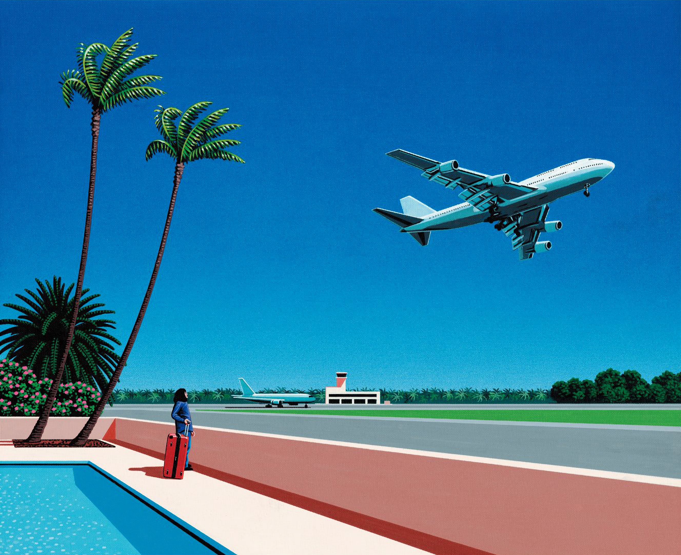 Painting Airplane Swimming Pool Palm Trees Hiroshi