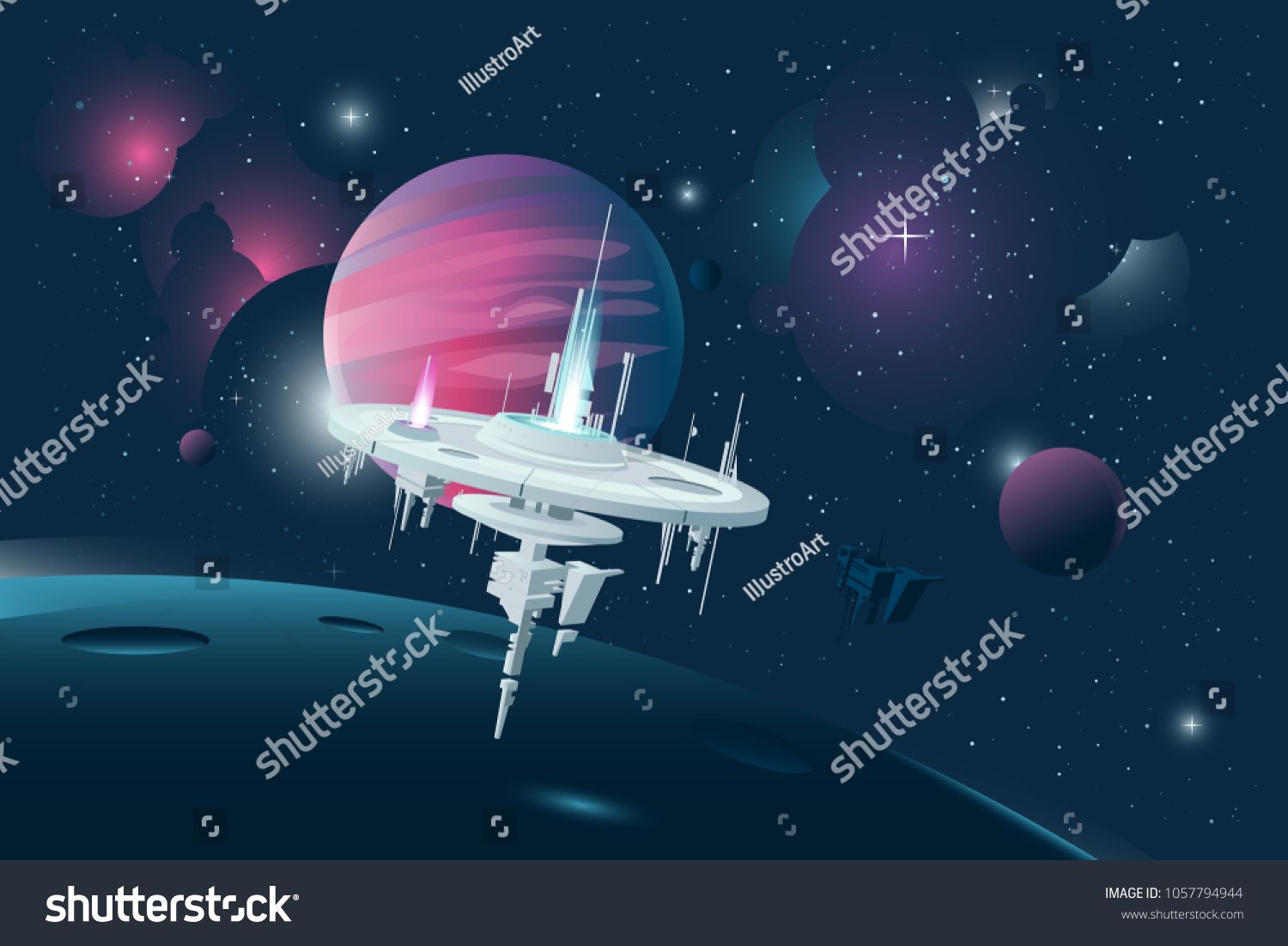 Orbital Stations Orbiting Moon With Gas Giant Planet Behind On