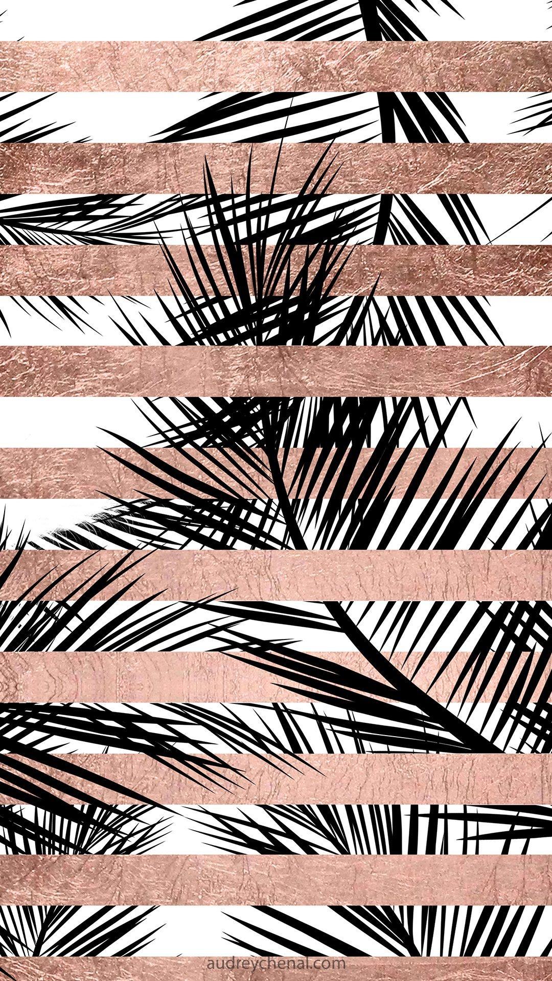 Modern Rose Gold Stripes Palm Tree iPhone Wallpaper By