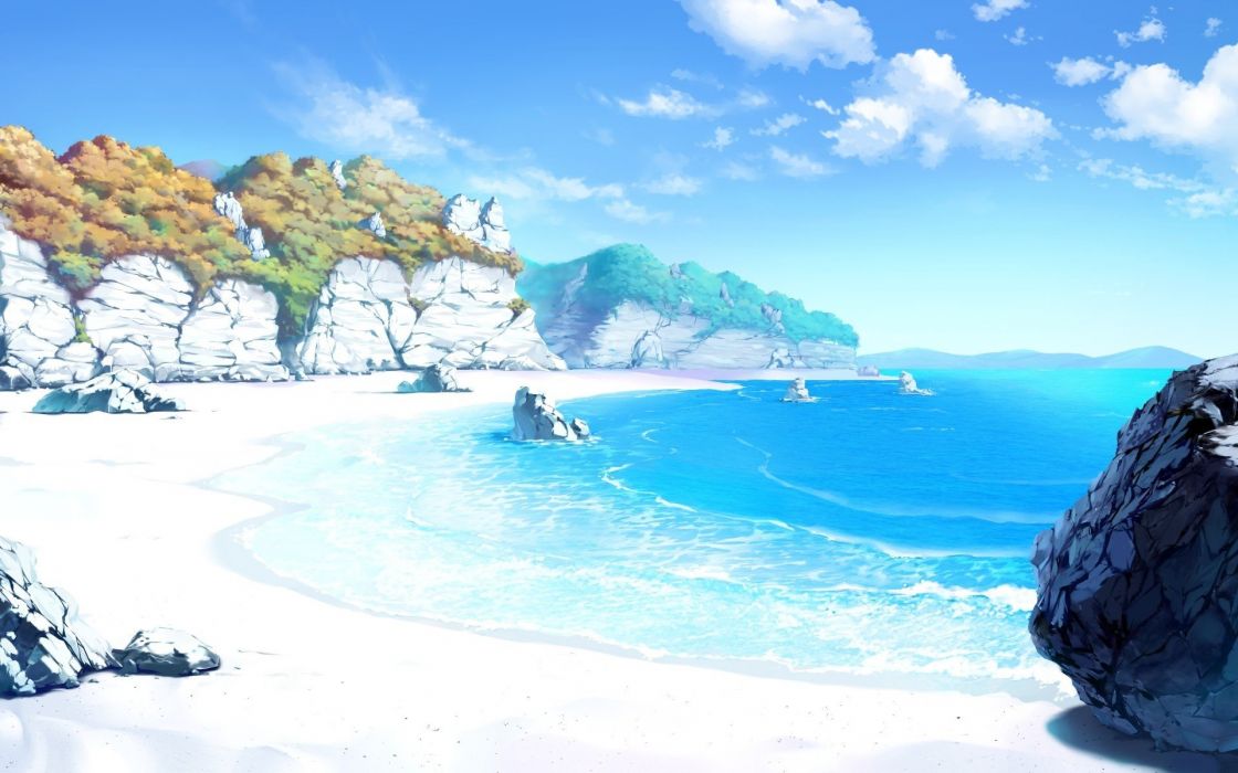 Anime Drawing Landscape Sea Beach Sand Sky Rock Artwork Clouds