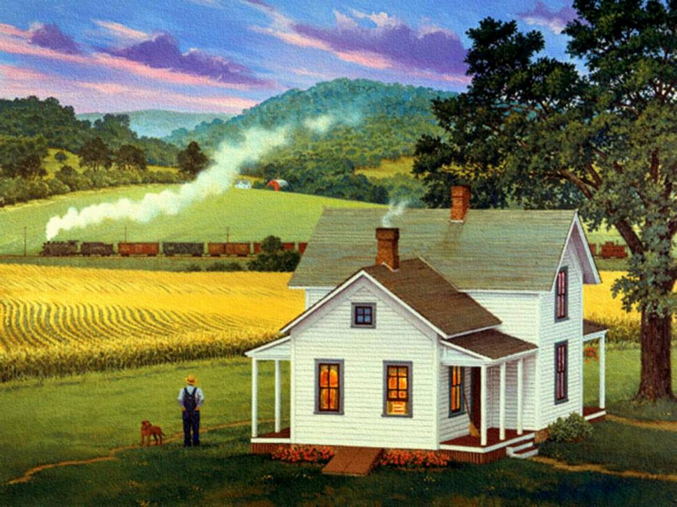 Country Railroad Barn Clouds Cornfield Dog Farmhouse Fields