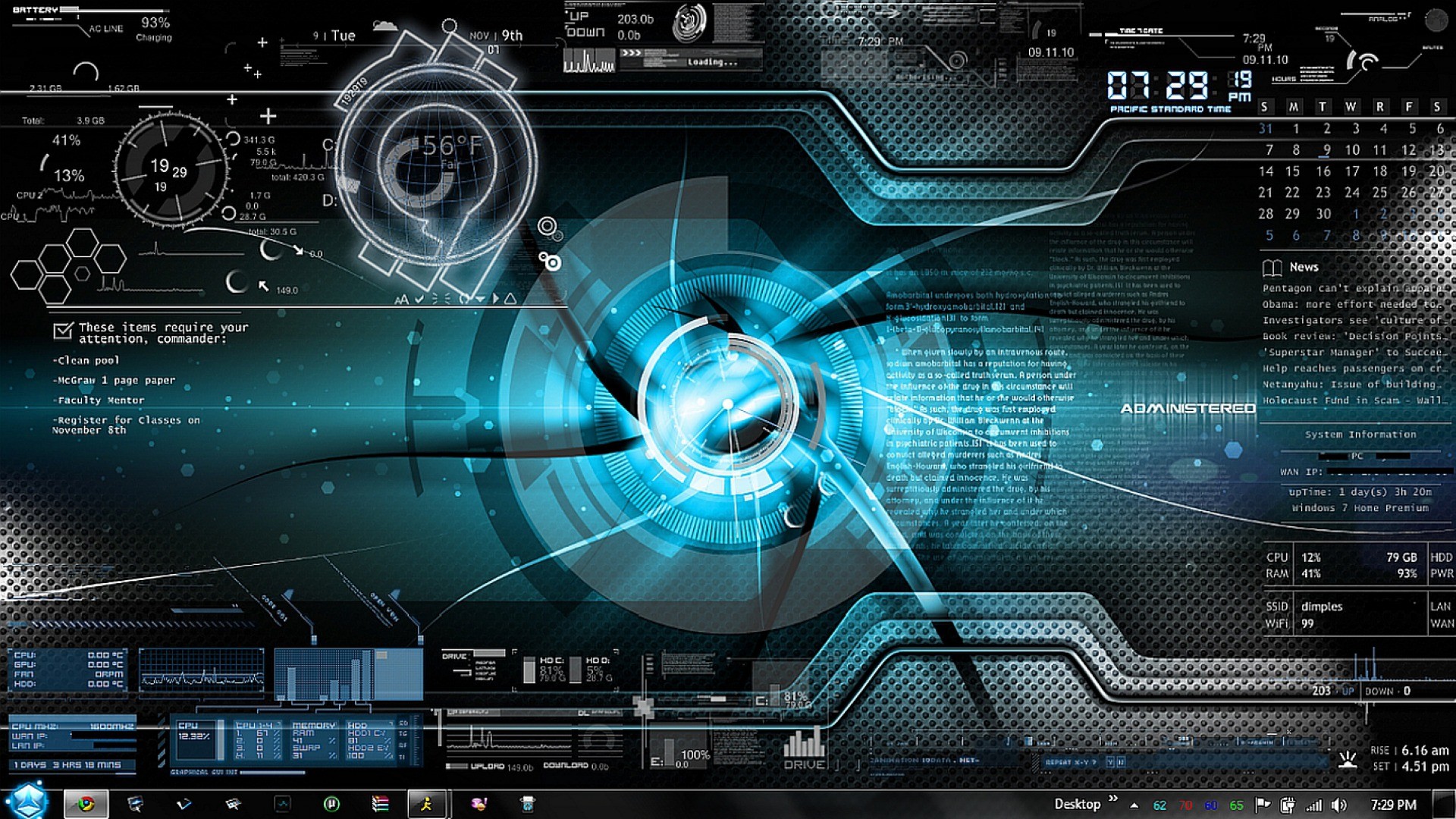 A futuristic, tech-inspired desktop wallpaper with a central blue vortex, digital displays, and a dark, textured background