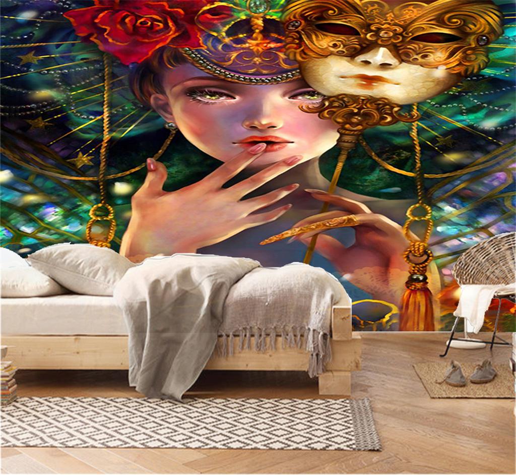 Custom Any Size 3d Wallpaperabstract Mask Beautiful Girl Oil