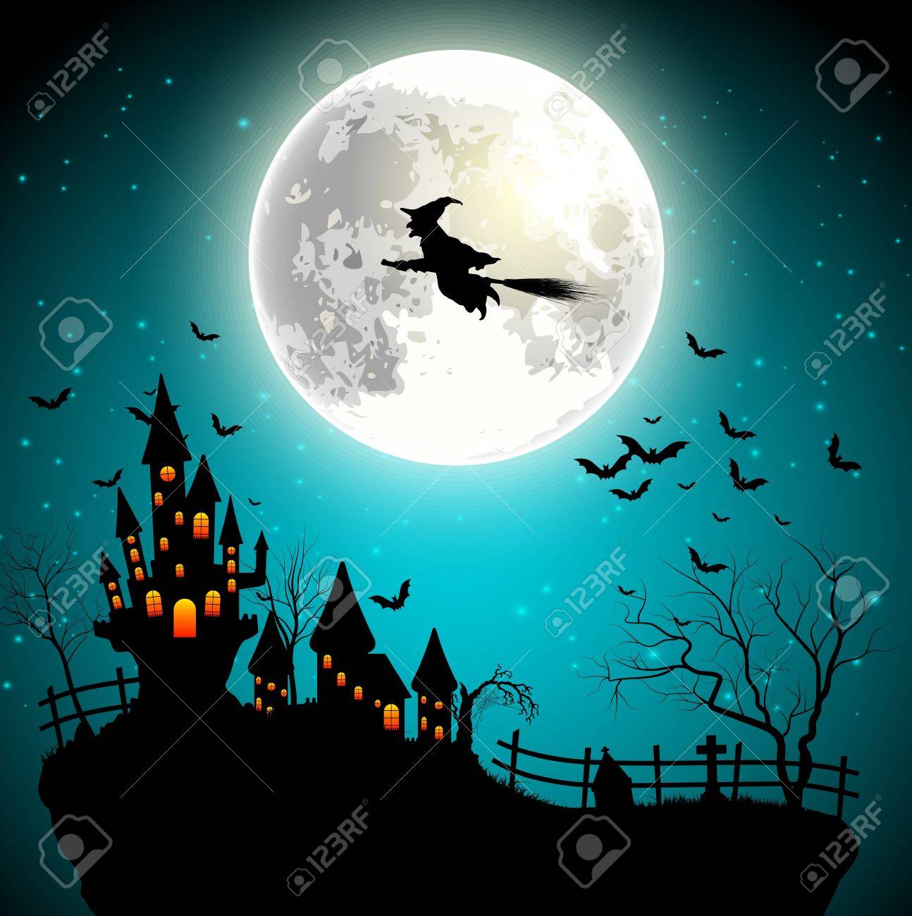 Halloween Background With Flying Witch On The Full Moon Royalty
