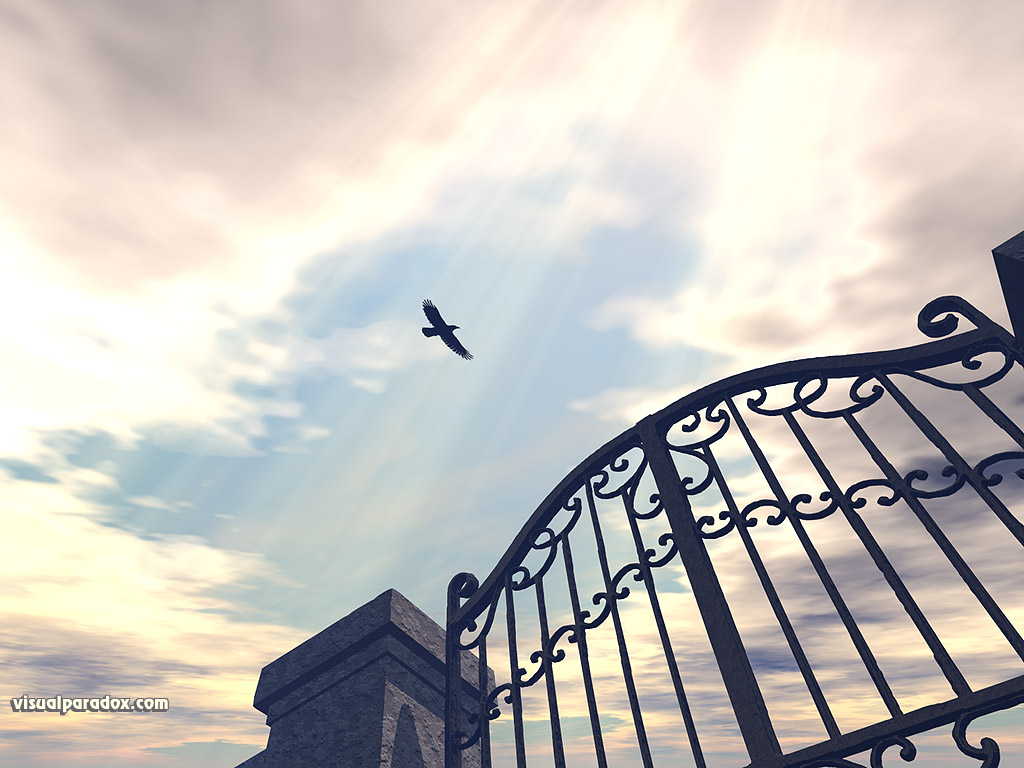 Bird Gothic Sun Rays Iron Gate Fence Sky Clouds Fly 3d Wallpaper