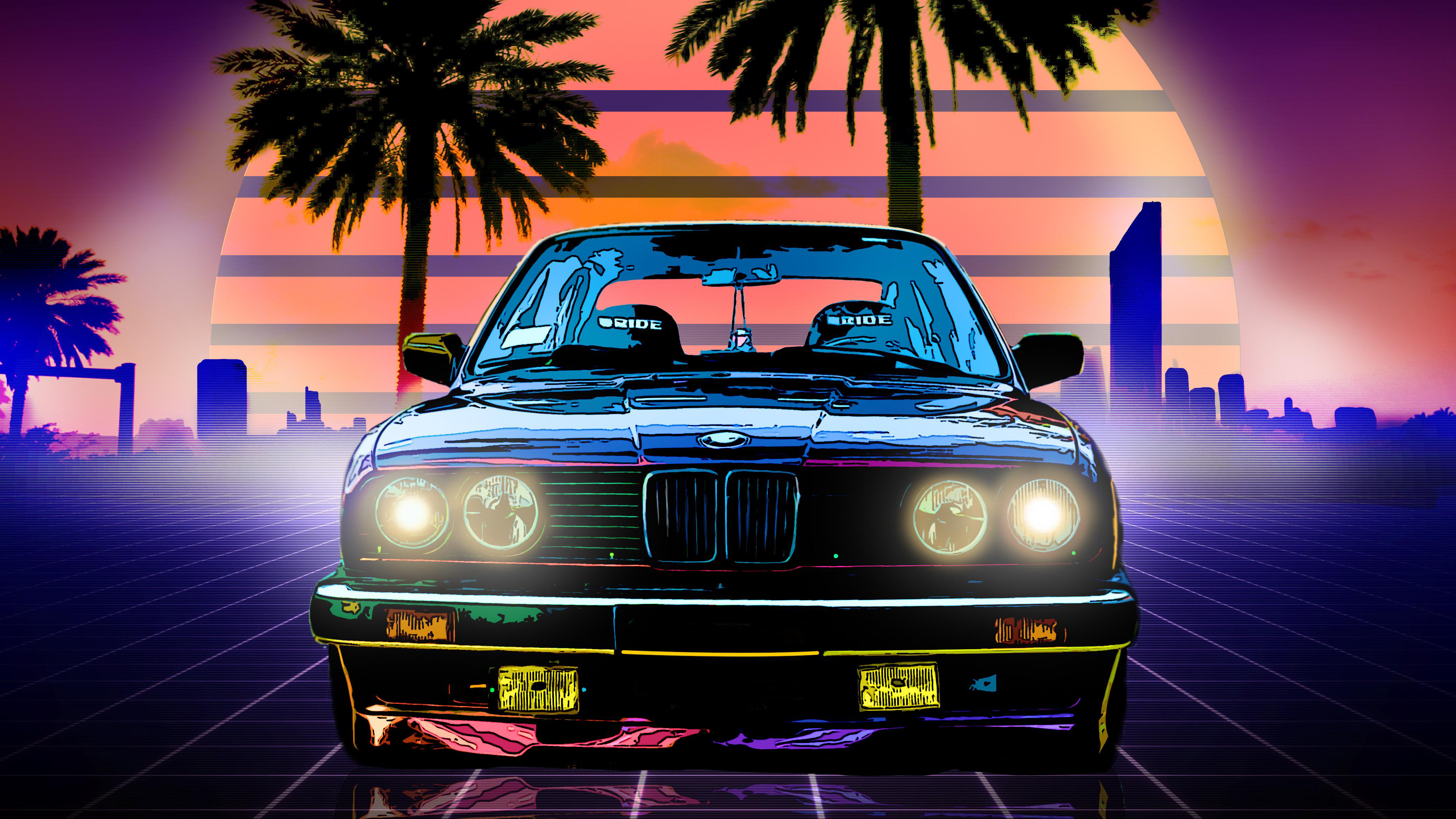 A classic BMW E30 against a retro-futuristic, vaporwave-inspired sunset backdrop