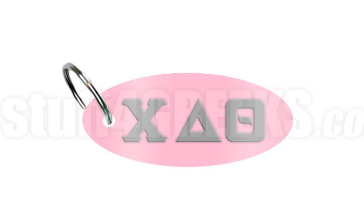 Chi Delta Theta key chain with gray Greek letters on a reflective pink
