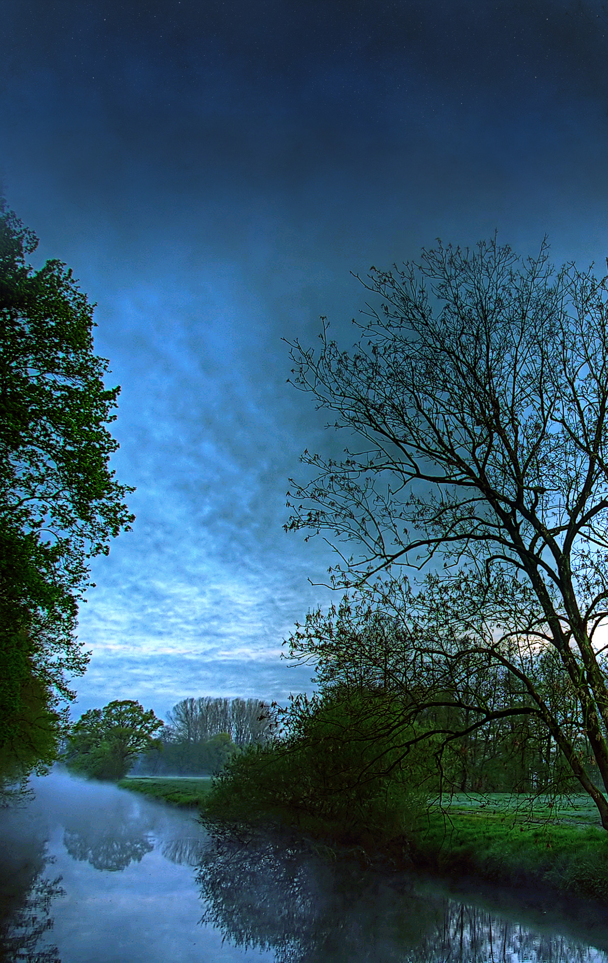 Free Download Tree Lined River At Sunset Under Blue Sky And Clouds