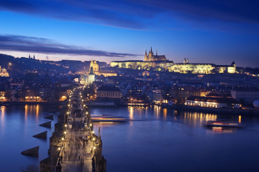 Czech Republic Prague Castle Charles Bridge Night Lights