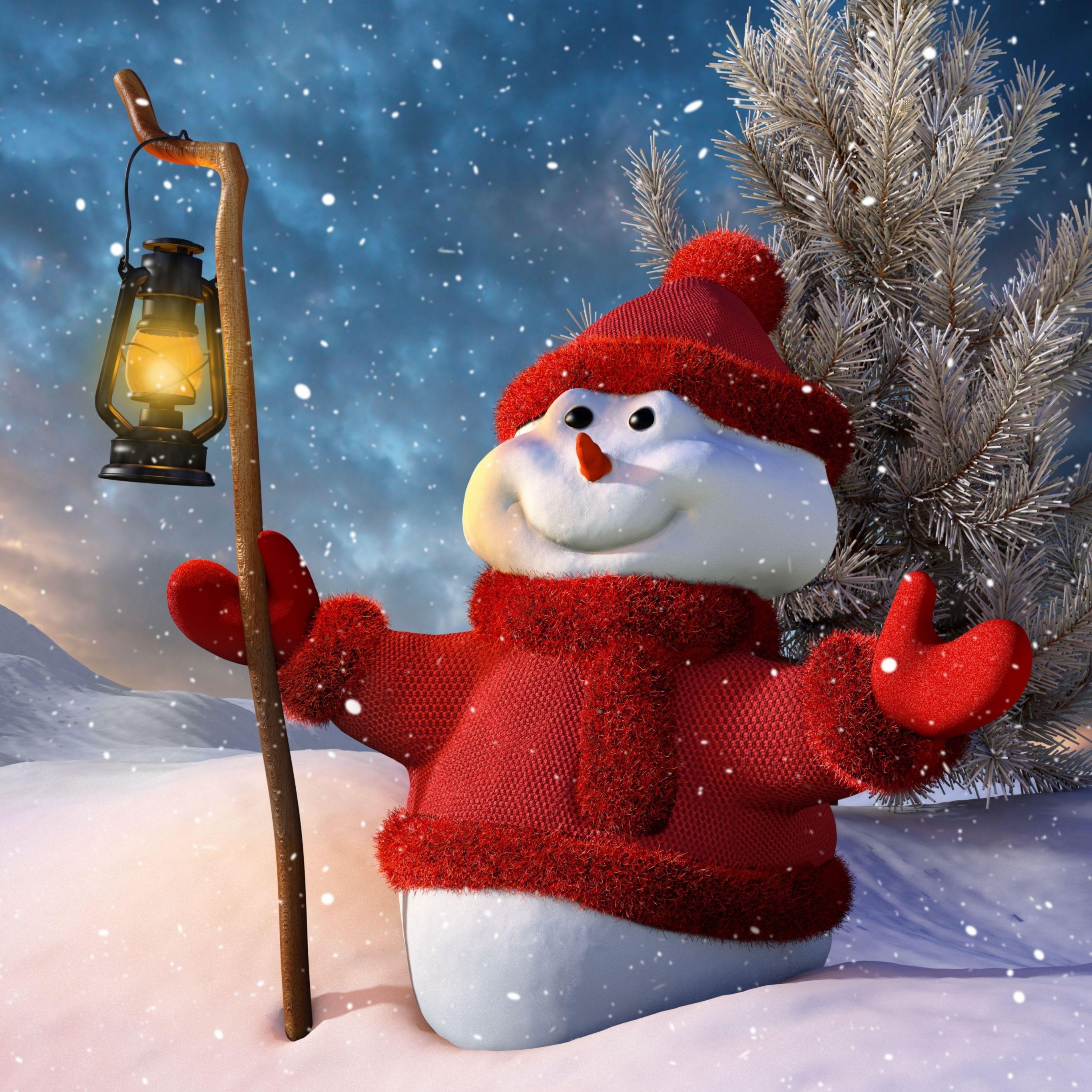 A cheerful snowman wearing a red outfit stands in the snow, holding a lantern and greeting the viewer with open arms
