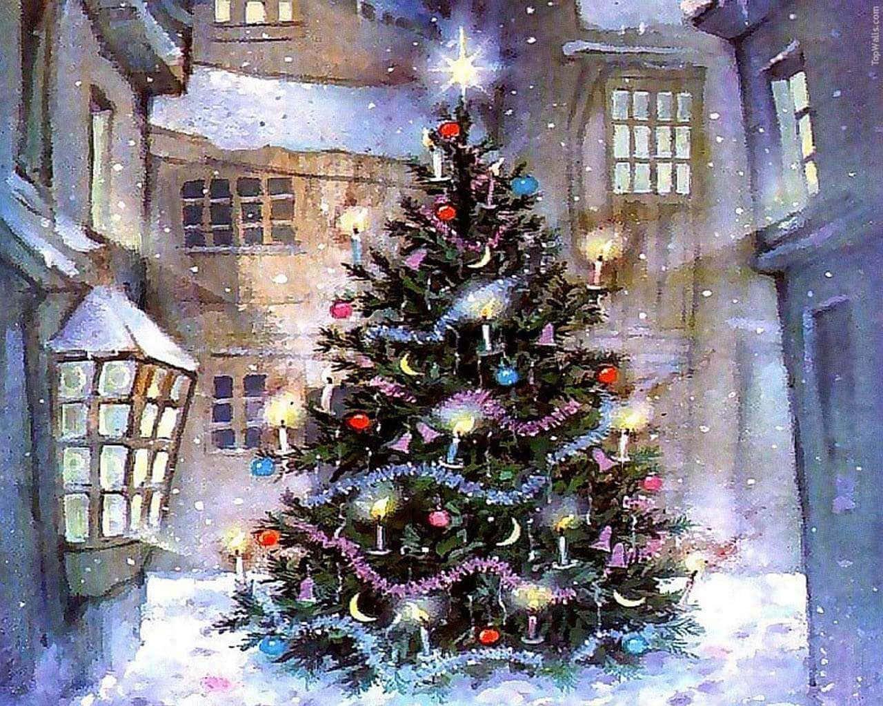 Download A Painting Of A Christmas Tree In A City Wallpaper